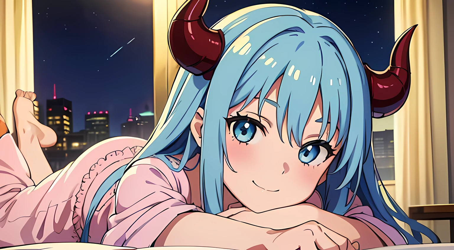 1 girl, sitting on bed like a child, (beautiful eyes finely detailed, light blue hair, long hair, demon horns), wearing long pyjamas,happy facial expression, smiling, blush on her face, full body, bedroom, night time, sidelighting, an anime drawing inspired by ufotable studios, from fate stay night anime