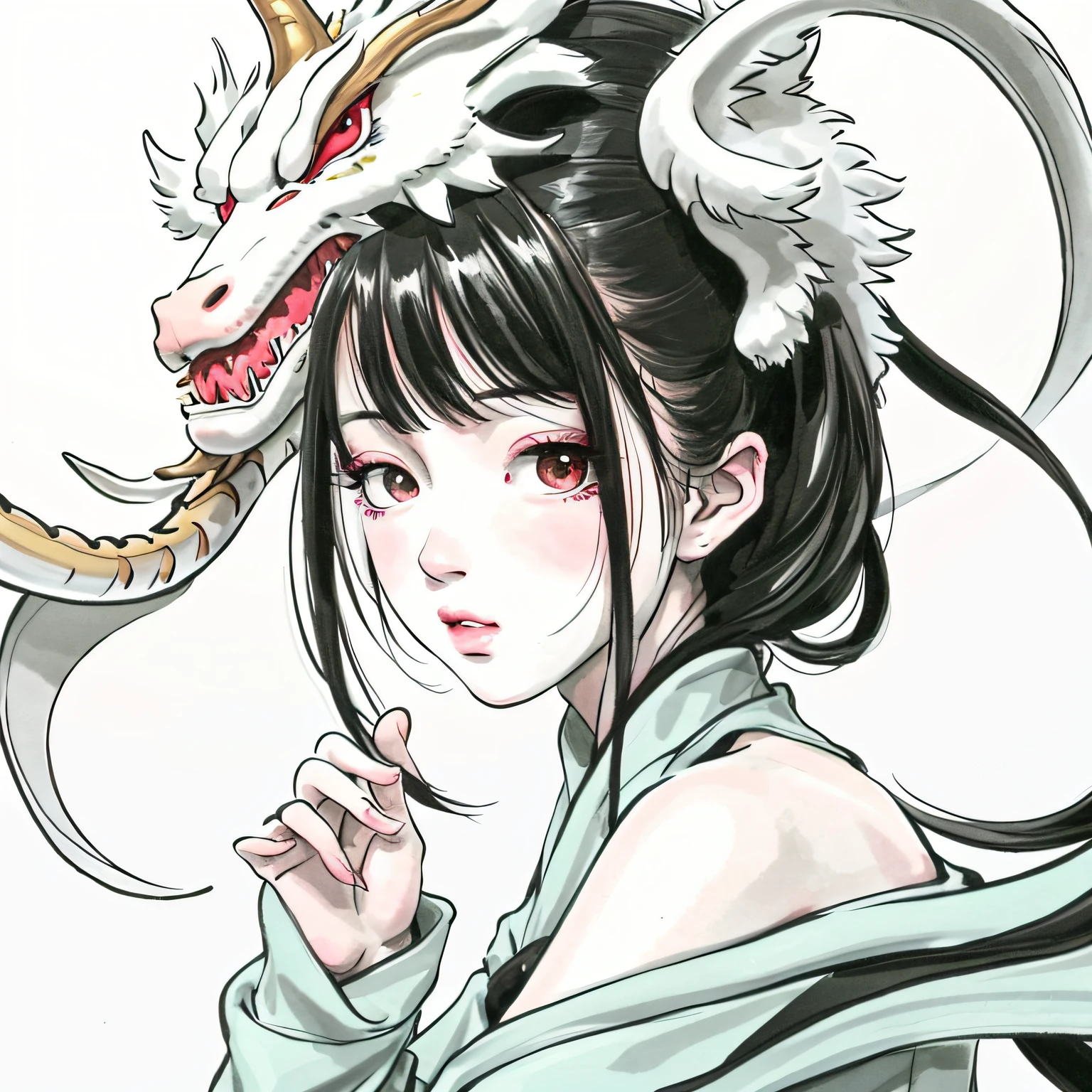 Anime girl with dragon head and white dress, the dragon girl portrait, Dragon girl, drak, by Yang J, author:Shitao, author:Li Fangying, author:Qu Leilei, By Leng Mei, Guweiz in Pixiv ArtStation, Digital anime illustration, By Li Song, Chinese fantasy, Detailed fanart, Guviz, author:Yu Zheding