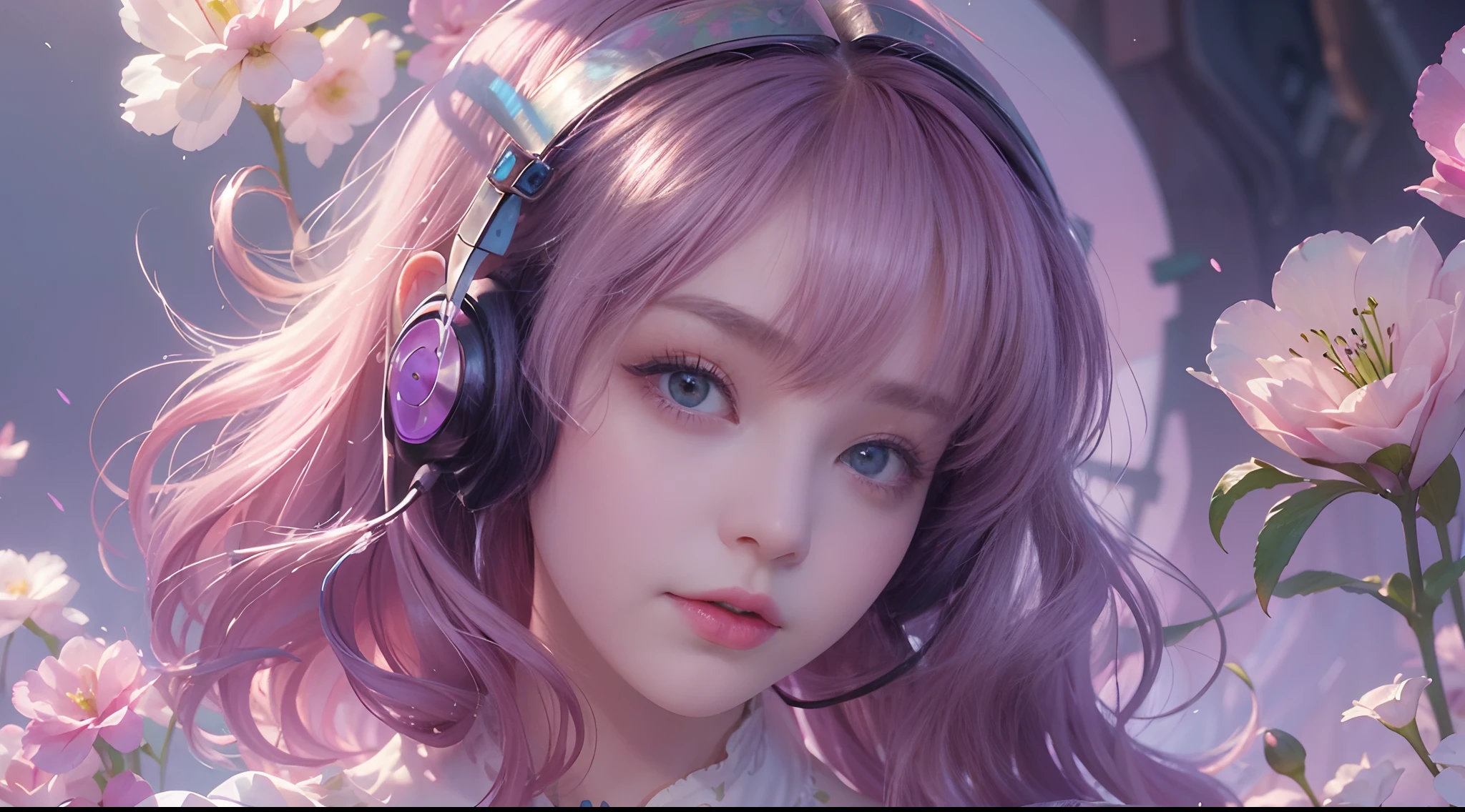 add_detail:2,1girl,detailed face,princess,taoist),flower, Lisianthus ,in the style of light pink and light azure, dreamy and romantic compositions, pale pink, ethereal foliage, playful arrangements,fantasy, high contrast, ink strokes, explosions, over exposure, purple and red tone impression , wearing headset, listening music