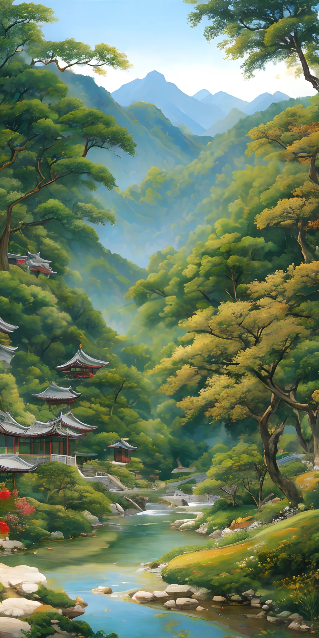 Pastoral painting in ancient Chinese style，Deep valley，crystal clear stream，Forest path，Halfway up the mountain（courtyard）buliding，Tang and Song style architecture --ar 9:16 --v 5.2