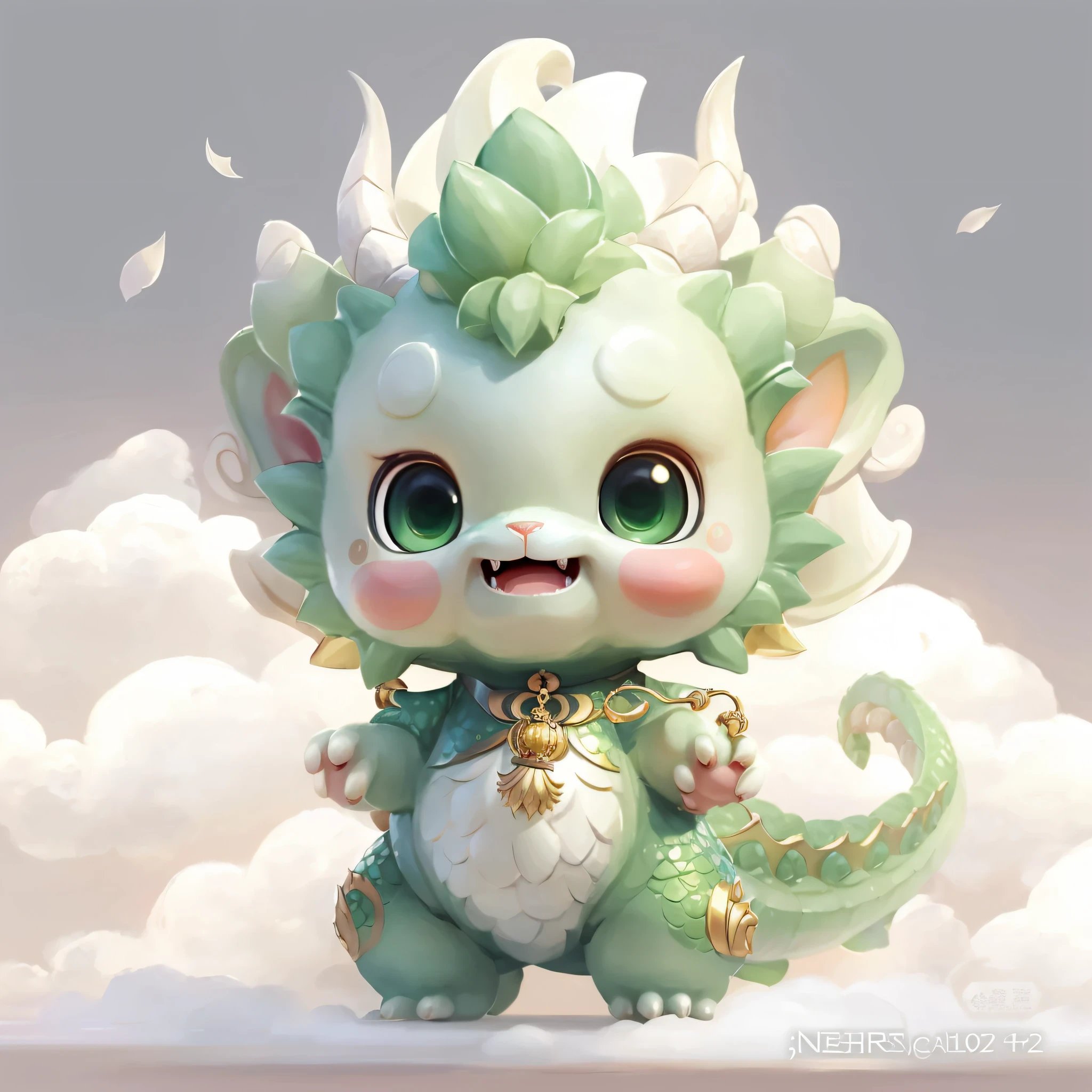 There is a green dragon with a golden bell on its head, Cute detailed digital art, lovely digital painting, cute little dragon, style of wlop, adorable digital art, pastel colour