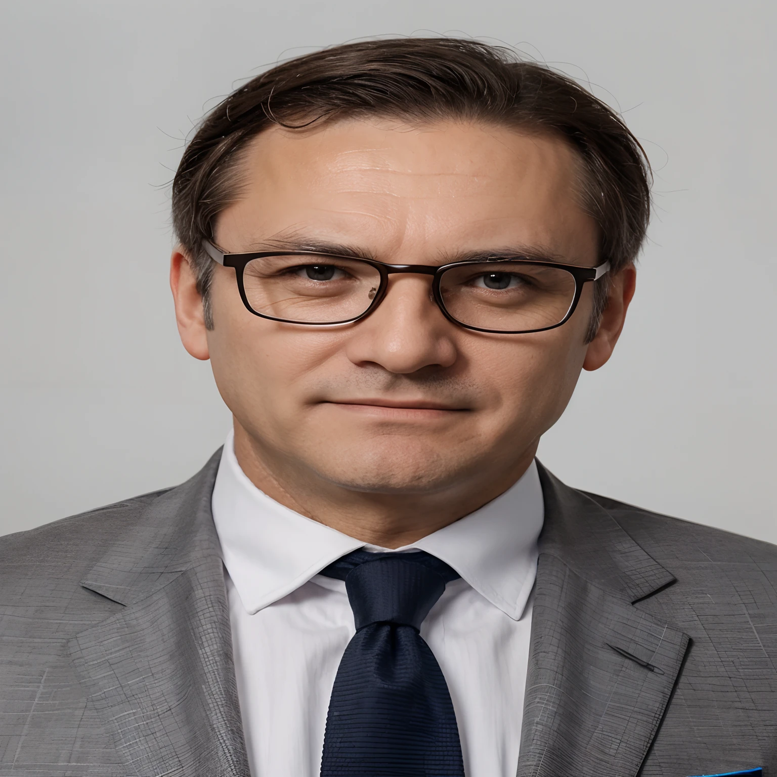 Close-up of a middle-aged man in a suit,Wear glasses on a white background,There is a clear face on the front