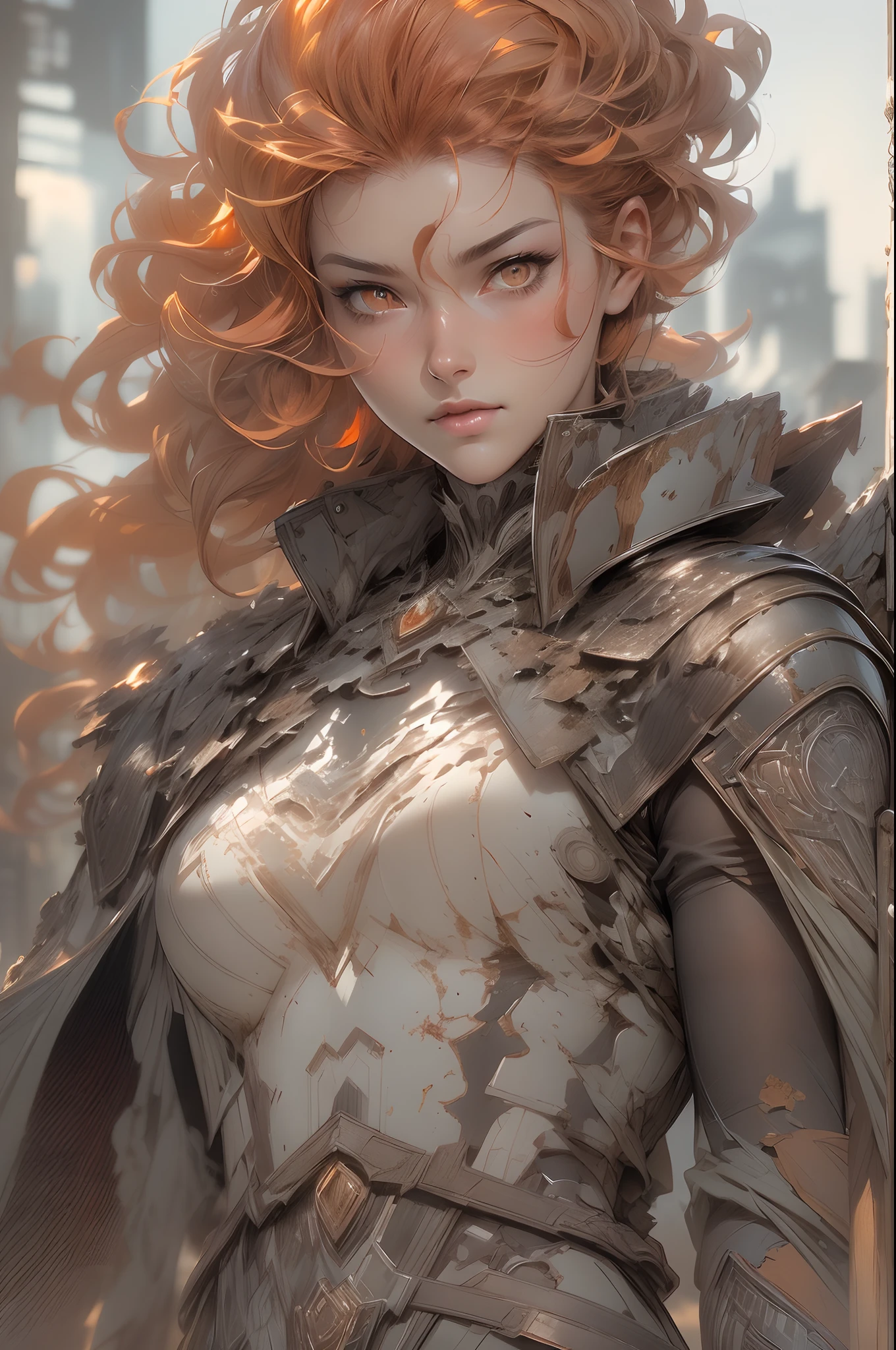 a beautiful woman, orange eyes, (blush nose), detailed eyes, cinematic, drawn by Greg Rutkowski, Yoji Shinkawa: 0.6long curly orange hair, defined body, wearing detailed Victorian-era armor (((super strong)), masterpiece, best quality, ultra-detailed, ground, destroyed city background, shadows, contrast, gray sky, style (look at viewer: 1.2) (skin texture) (film grain: 1.3), ultra-high resolution, octane render, 16k