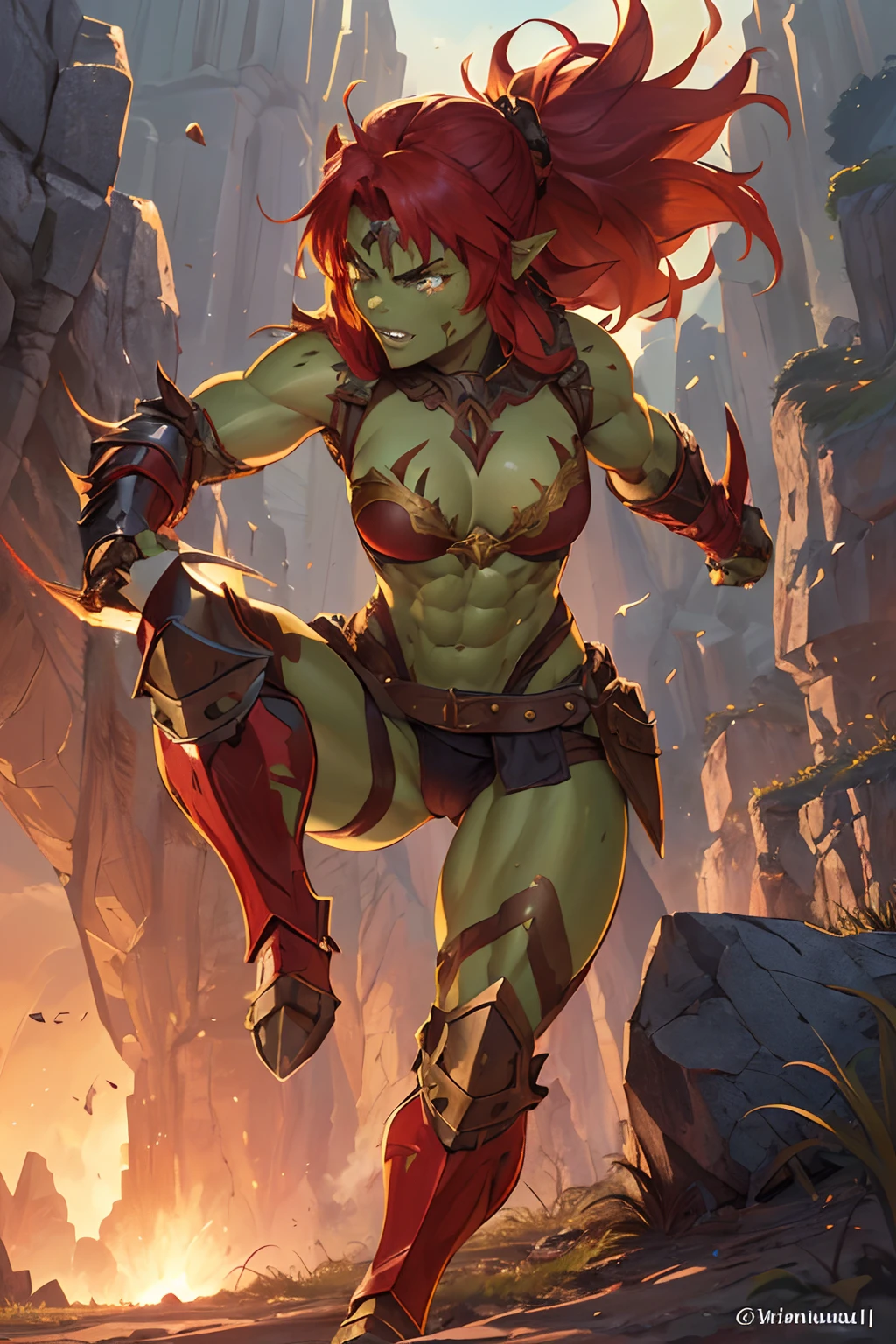 (1 muscular beauty female,warrior,half orc, humanoid,green skin, messy red hair,scar:1.2),medium breasts, fantasy world, medieval, cave, mining operation, fortifications, (leather bra, threatening armor, leg guard, gauntlets:1.2), red cape,dynamic fighting pose,dynamic angle,cameltoe,angry,(holding weapon and small shield:1.2),