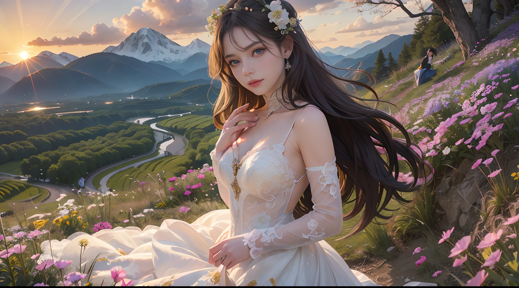 A beautiful woman stood atop a rocky outcropping, Her hair was swept up in loose curls that tumbled down her back, a subtle hint of makeup accentuated her high cheekbones, full lips, and flawless complexion. As she turned to face the camera, a soft smile played at the corners of her mouth, framing her delicate features and piercing blue eyes overlooking a breathtaking valley below. She wore a flowing wedding dress that billowed gently in the breeze ,the lace was delicately embroidered with tiny flowers and vines, while the hem was adorned with sparkling crystals that caught the light and glimmered like stars. In the foreground, a bed of wildflowers added a pop of color to the scene, with vibrant hues of pink, purple, and yellow. Bees buzzed lazily from blossom to blossom, collecting nectar in the golden light of the setting sun. The sun was setting behind the mountains, casting a warm orange glow across the vast landscape.