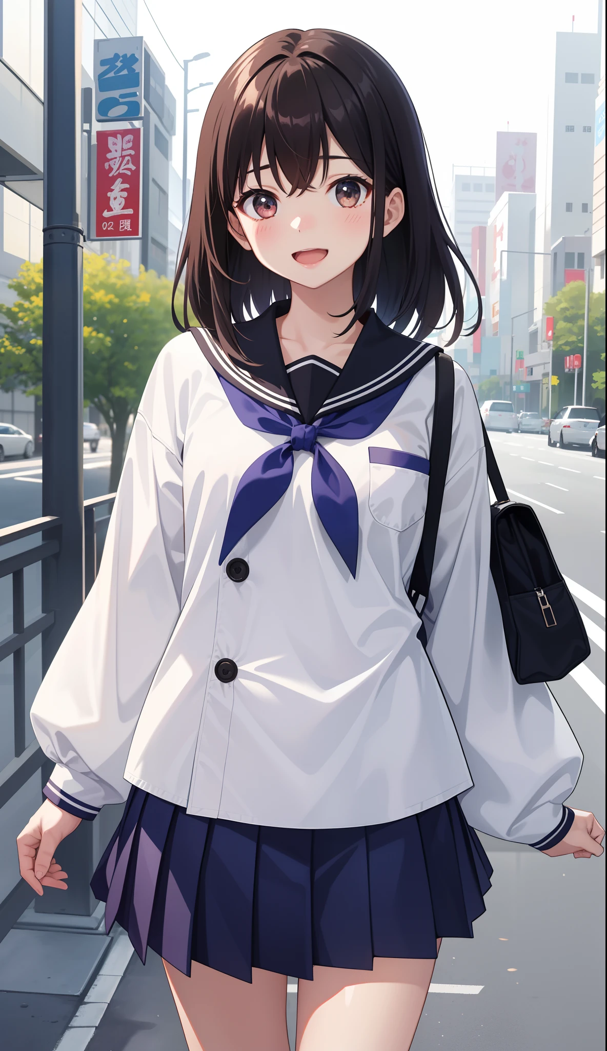 1girl in、AS-Adult、A smile、open open mouth、、be shy、The shirt、skirt by the、（small tits）Japan High School、校服、serafuku、Walking with a thigh、Upper body portrait、