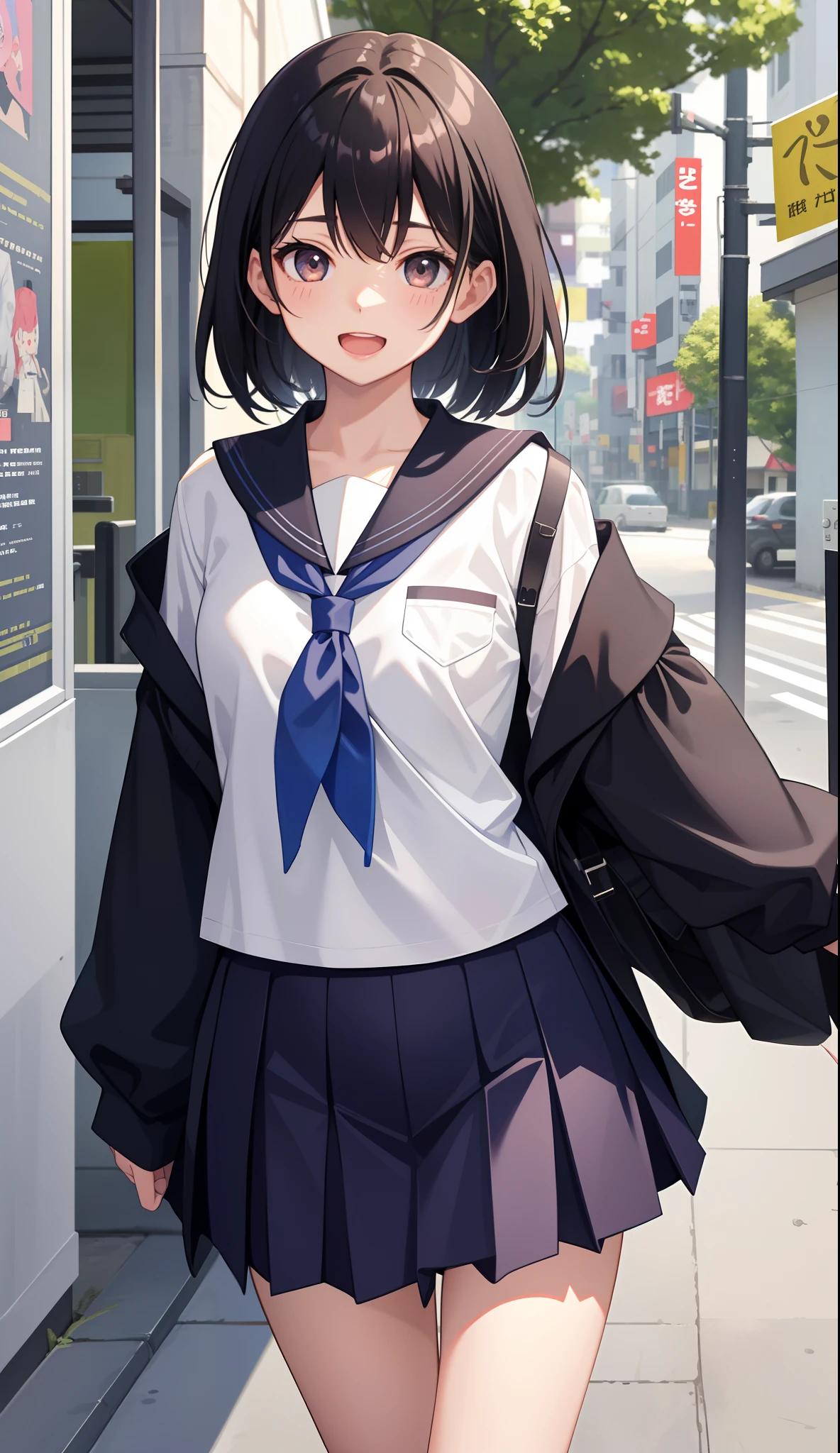 1girl huge large breasts,nightcity,Sateen,Put your hands in your pockets,stray,leaving home,sad expressions,Soaked school uniform,bookbag,Attractive,navels,lone,(A half body),Super-High Resolution,Ultra-high sharpness,masterpiece,Best quality