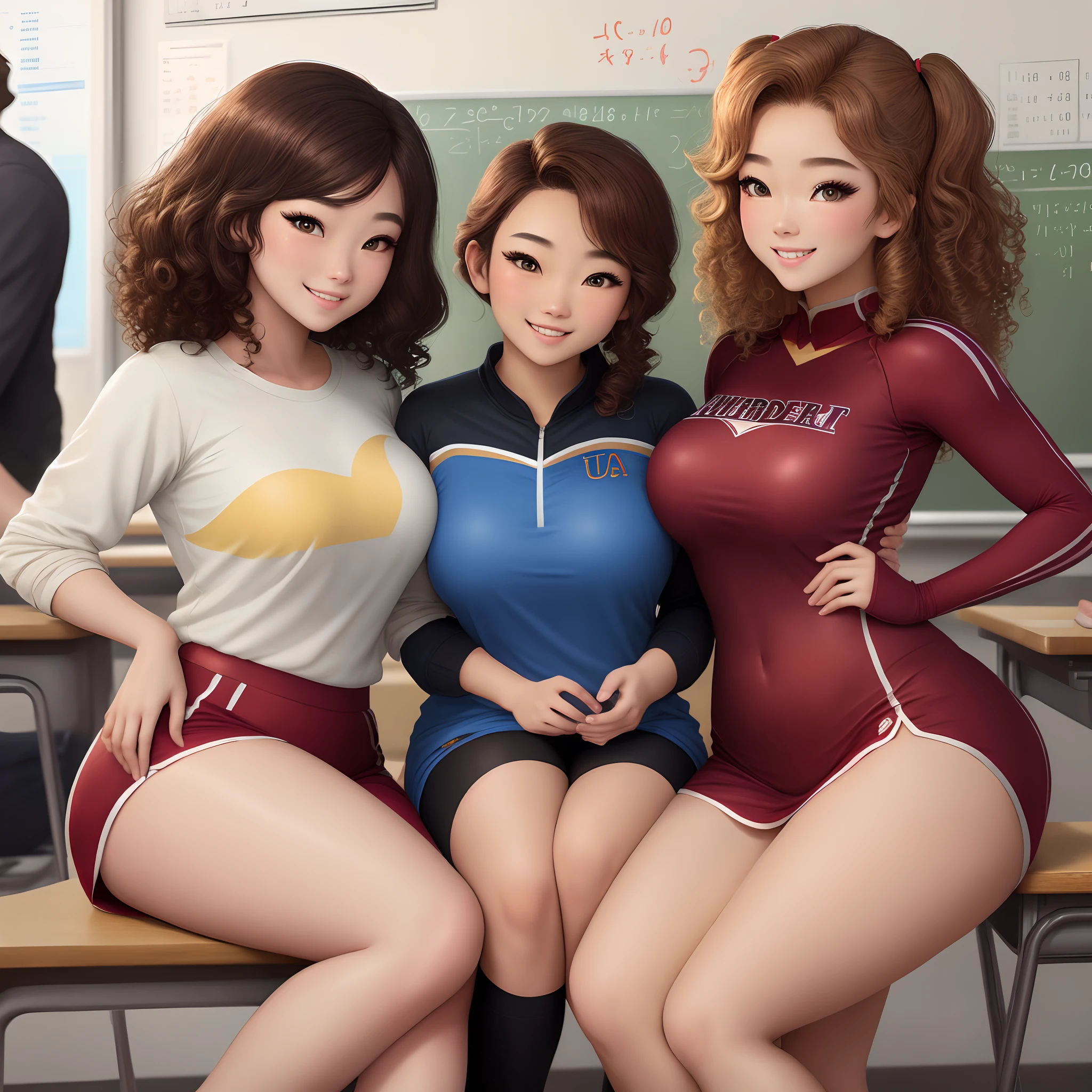 Disney Pixar poster that has 2 people sitting in a math classroom: the male is very tall, with fair skin, curly hair, a lean build, wavy short brown hair, friendly smile, kind blue eyes, wearing a blue UCLA long sleeve shirt. he looks at a cute Filipino woman. The girl is short, petite, with a curvy body, extra long, curly, fluffy hair, warm tan skin, large sparkling brown eyes, cat eye, and burgundy cheerleading outfit