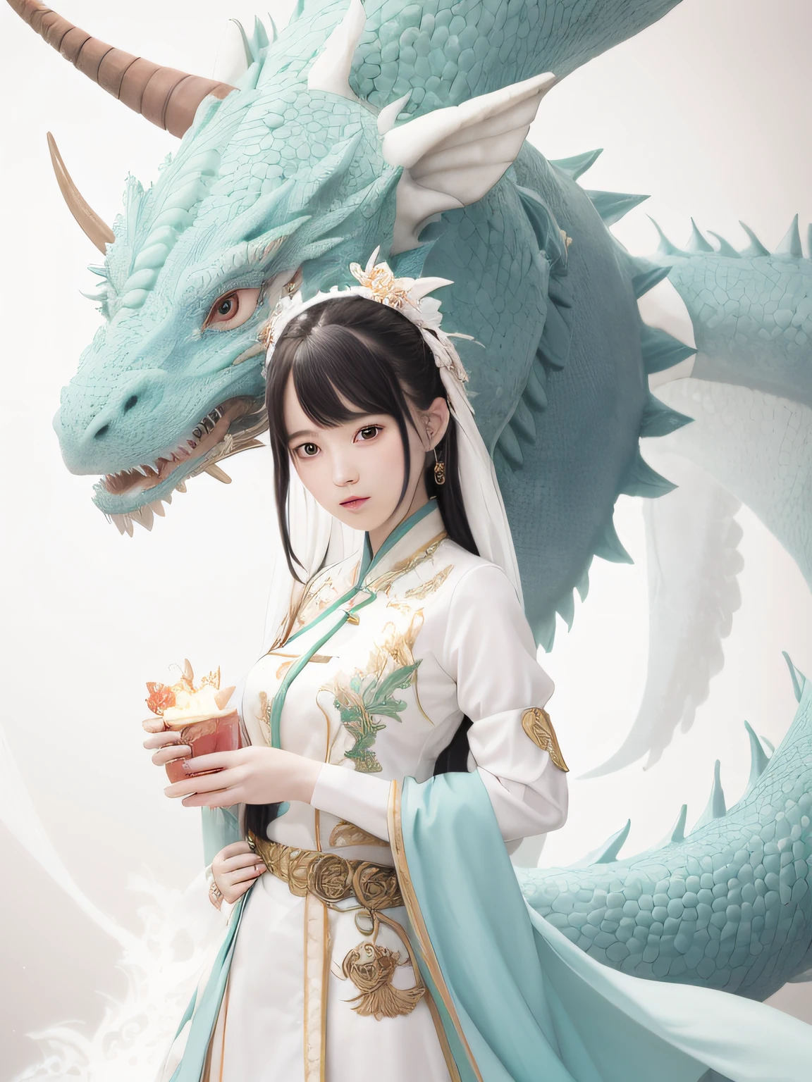 Anime girl with dragon head and white dress holding sword, Dragon girl, the dragon girl portrait, by Yang J, Chinese fantasy, Beautiful character painting, drak, By Li Song, Guviz-style artwork, author:Li Fangying, Guviz, Digital anime illustration, Palace , A girl in Hanfu, author:Chen Lin, Anime fantasy illustration
