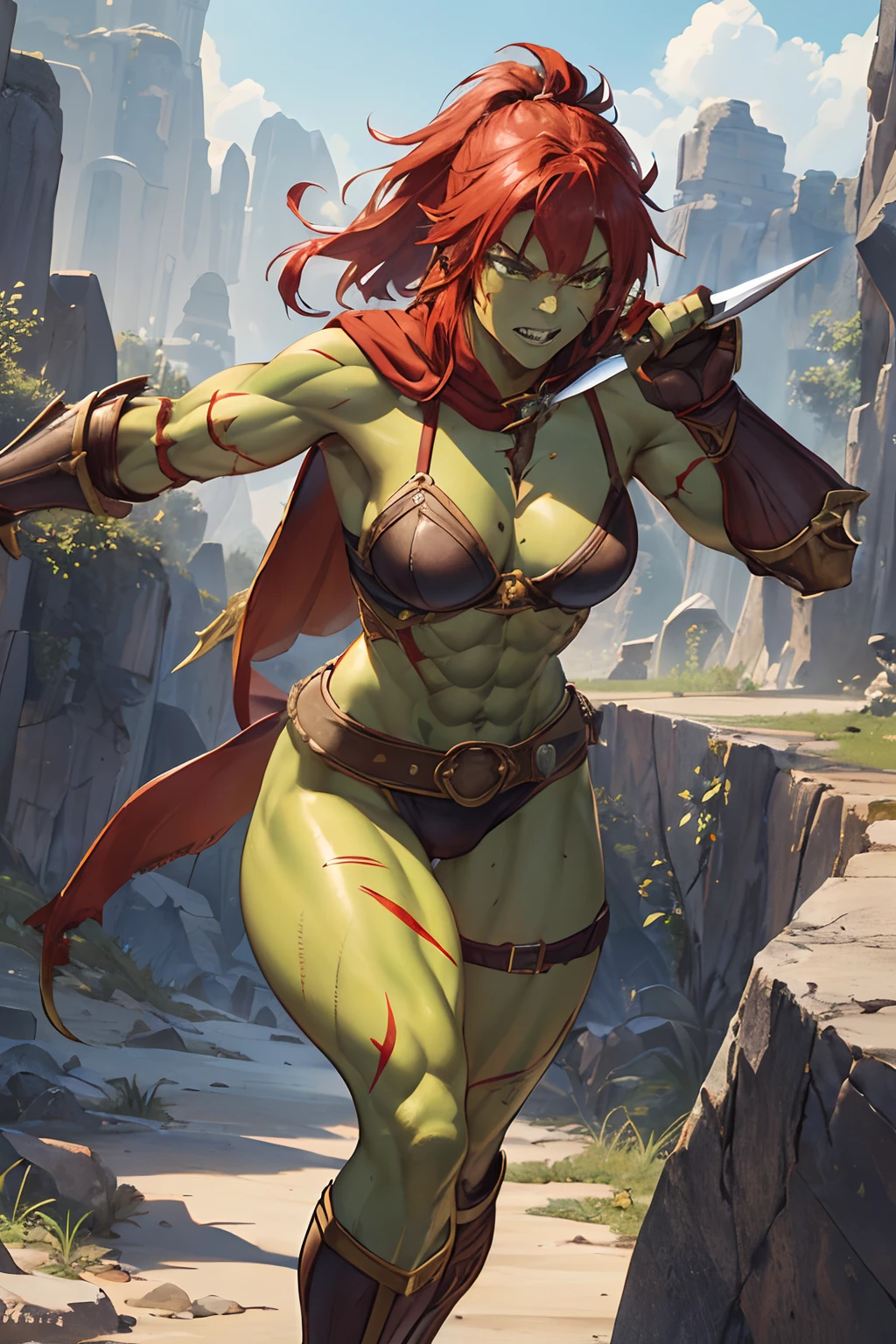 (1  muscular beauty female,warrior,half orc, humanoid,green skin, messy red hair,scar:1.2),large breasts, fantasy world, medieval, cave, mining operation, fortifications, (leather bra, threatening armor, leg guard, gauntlets:1.2), red cape,dynamic fighting pose,dynamic angle,cameltoe,angry,(holding weapon and small shield:1.2),