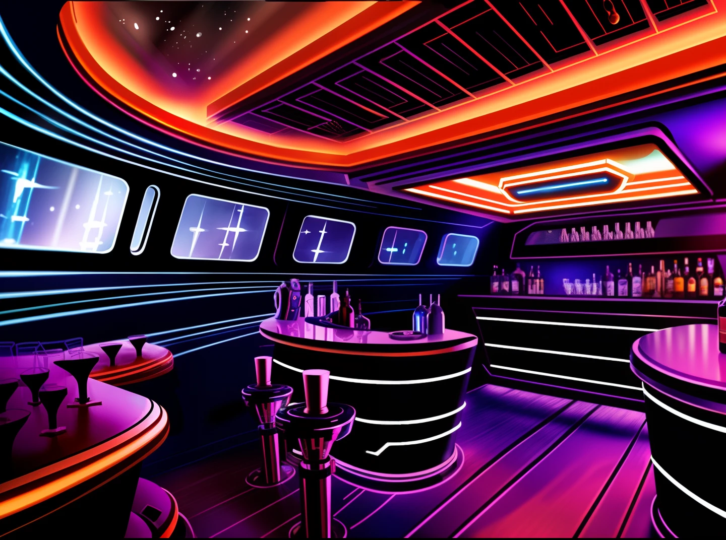 Small bar, spaceship interior, scifi aesthetic, futuristic, attractive bartender