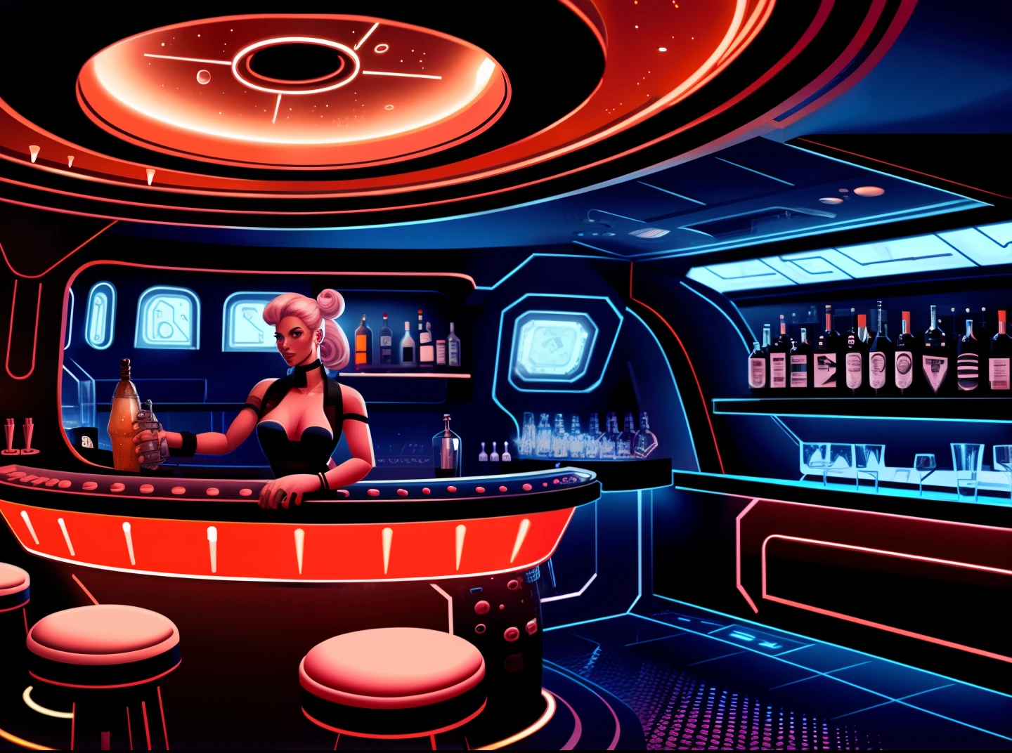 Small bar, spaceship interior, scifi aesthetic, futuristic, attractive bartender