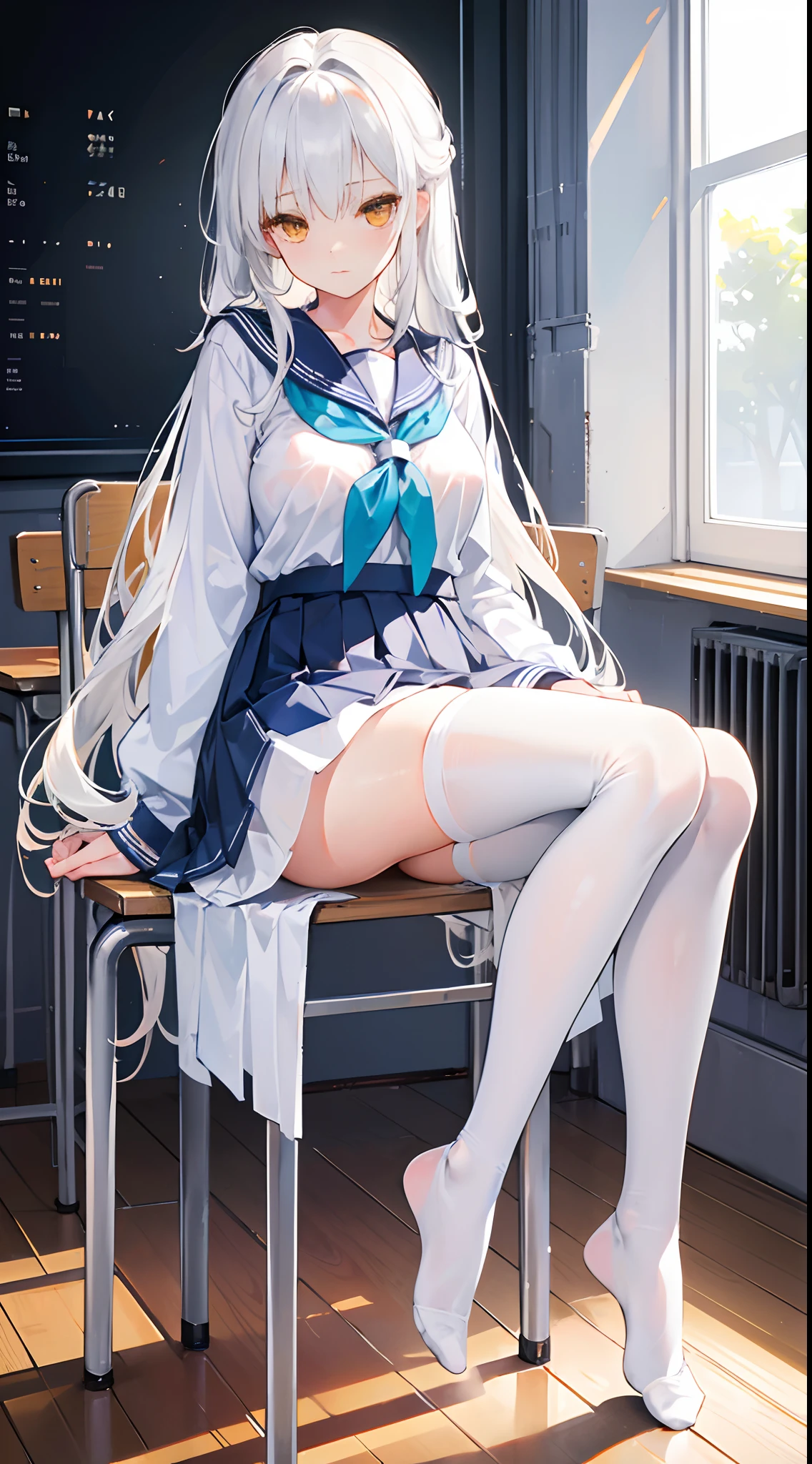 A long silver-white hair,The curtains of hair on both sides are slightly longer,Orange-yellow eyes,The girl sits on a chair in the last row of the classroom,Table and chairs,The girl's hair curtain covers her eyes,expressiveless,Place your hands between your legs,Side diagram,Wearing a white and blue light sailor uniform, school uniform and skirt,white stockings,Leg close-up big breasts