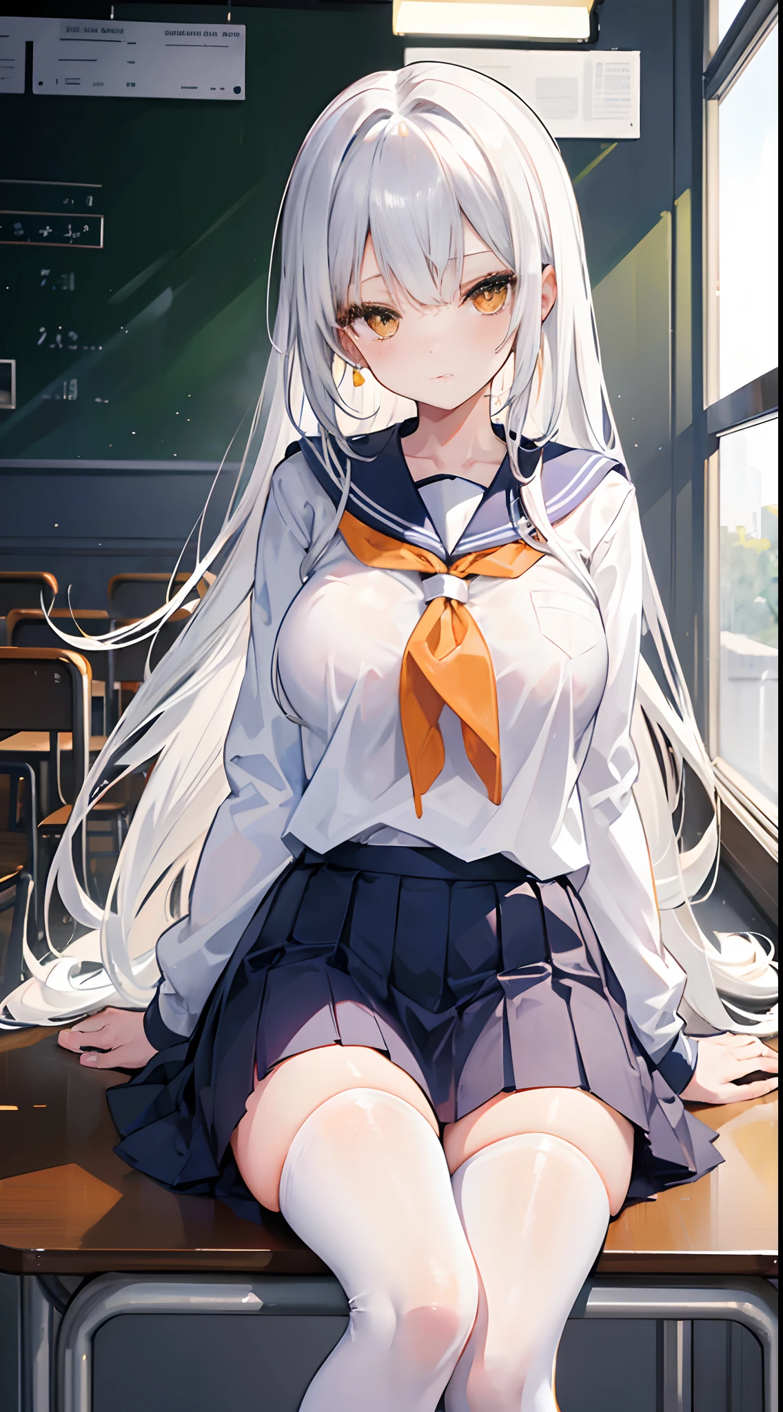 hoang lap、tmasterpiece、Best quality、realisticlying、Hyper-detailing、(Shiny skin,sweat leggs:1.4)、Slim、Look at the audience、1girll、Solo、tennis wear、White polo shirt、White sneakers、white mini-skirt、long whitr hair、silber hair、eBlue eyes、(thick thight:0.5)、动态照明、A high resolution、sharp fokus、depth of fields、Large breasts,Pregnant belly,Pregnant women with,a navel,A pair of hands,ssmile,Eyes are loving,Lines of a tight grid,perfect bodies,Wearing white stockings,Starry sky background
