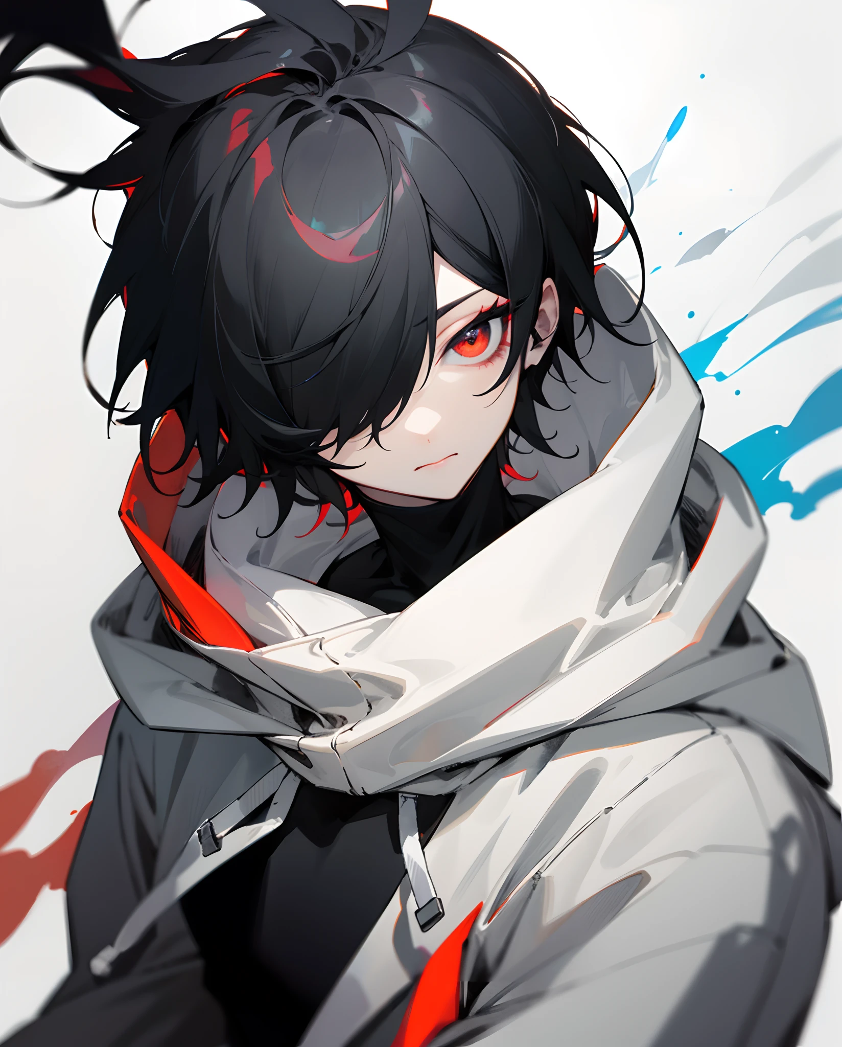 Boy, Anime style, Combination color of white and black for hair, The right eye is red、Left eye is black, Uses a hoodie in a combination of white and black colors.