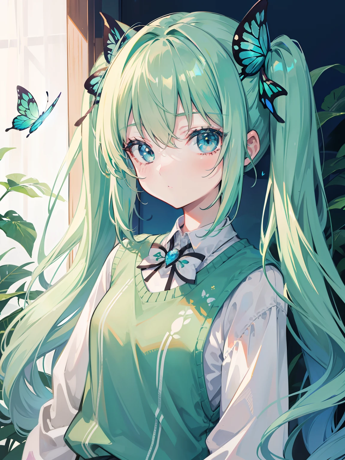 {{best quality}}, {{masterpiece}}, {{ultra-detailed}}, {illustration}, {detailed light}, Light green hair, blue eyes, girl, girl, butterfly, sweater, long sleeve, green sweater,Twintails,loli,cute,Kawaii
