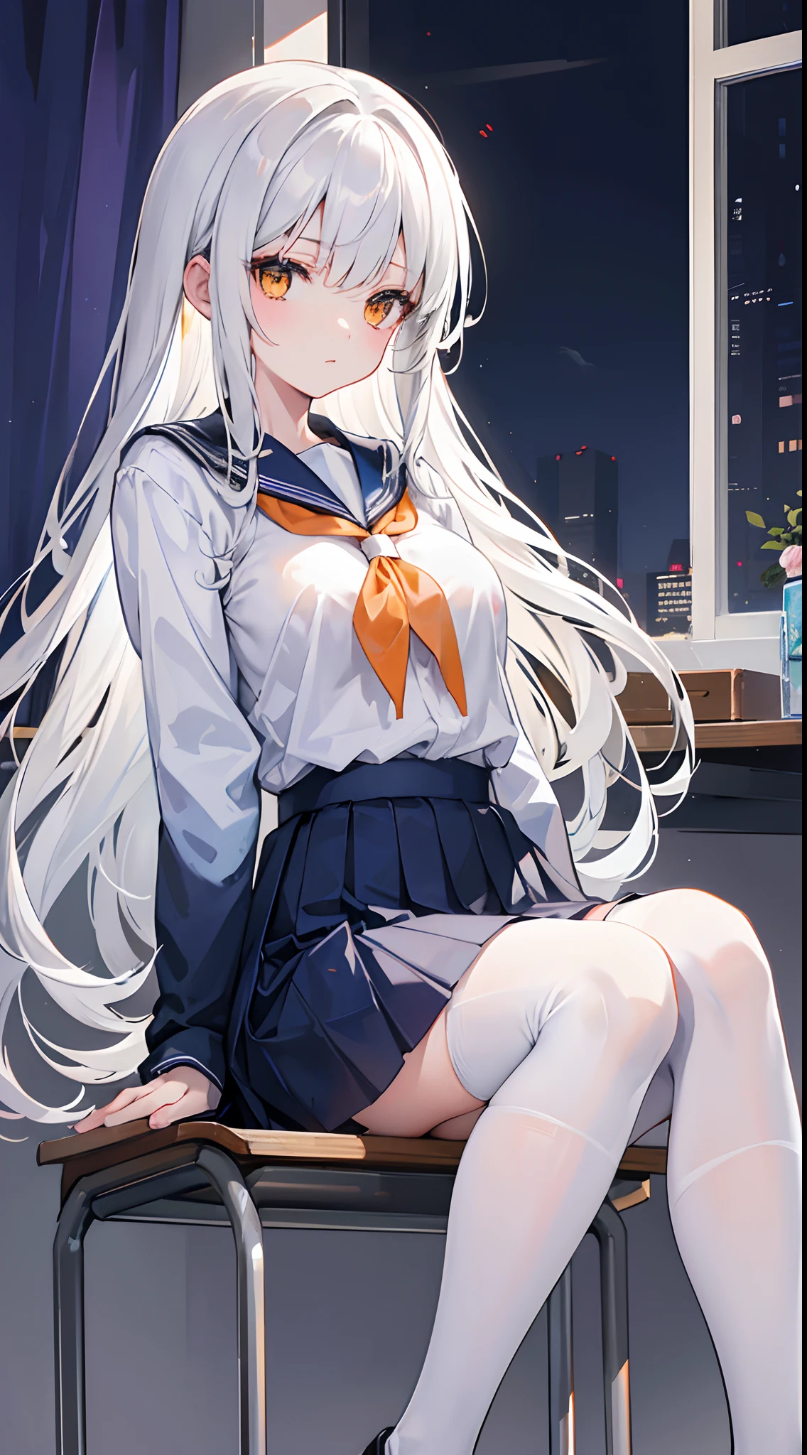 A long silver-white hair,The curtains of hair on both sides are slightly longer,Orange-yellow eyes,The girl sits on a chair in the last row of the classroom,Table and chairs,The girl's hair curtain covers her eyes,expressiveless,Place your hands between your legs,Side diagram,Wearing a white and blue light sailor uniform, school uniform and skirt,white stockings,Leg close-up big breasts