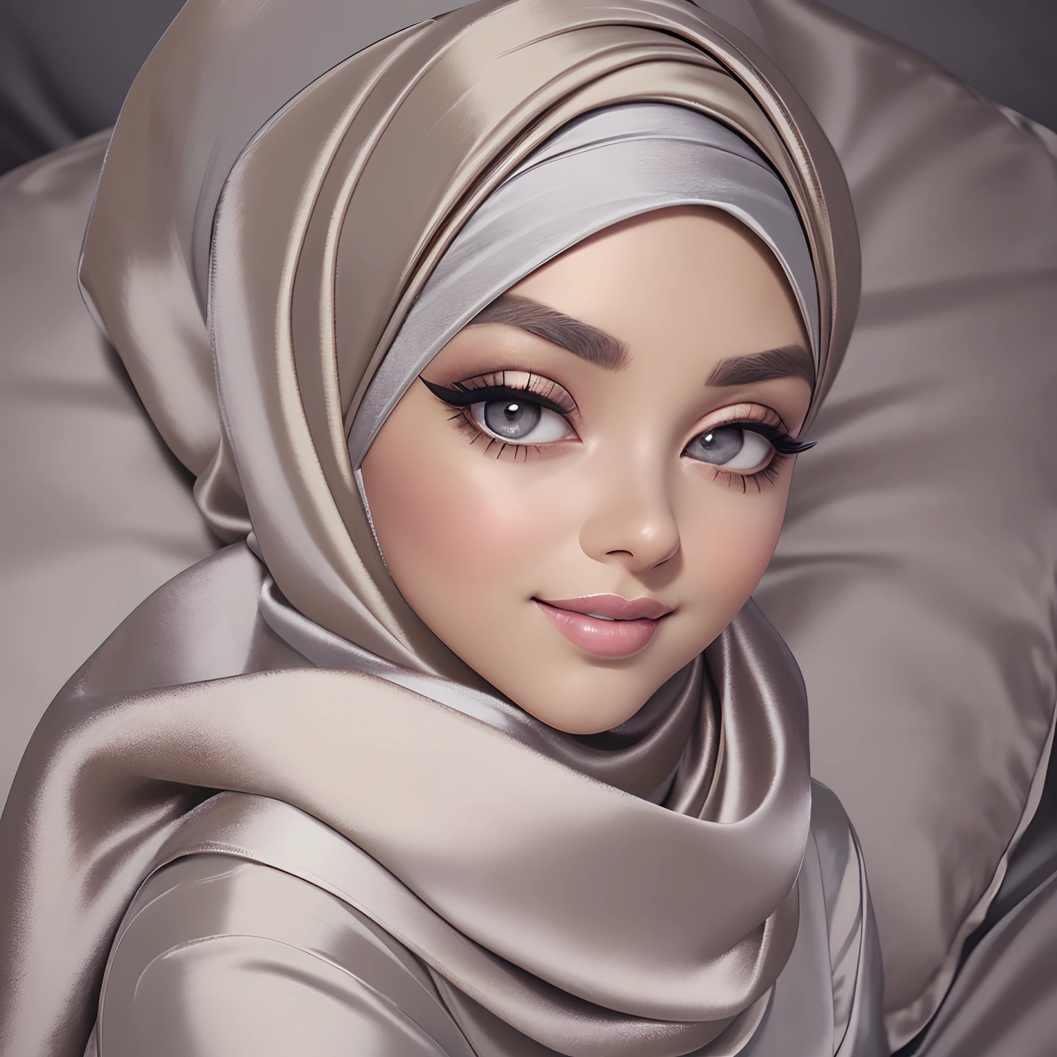 (Masterpiece, realistic, best quality, best lighting, 1 girl photo solo, beautifully makeup, eyeshadow, Parted Lips, Detailed Eyes, beautiful big eyes, long eye lashes, smile, wearing ((Taupe satin headscarf)), loosely tide hijab style, ((Gray satin shirt)), satin long pants, sleeping on bad..head on pillow