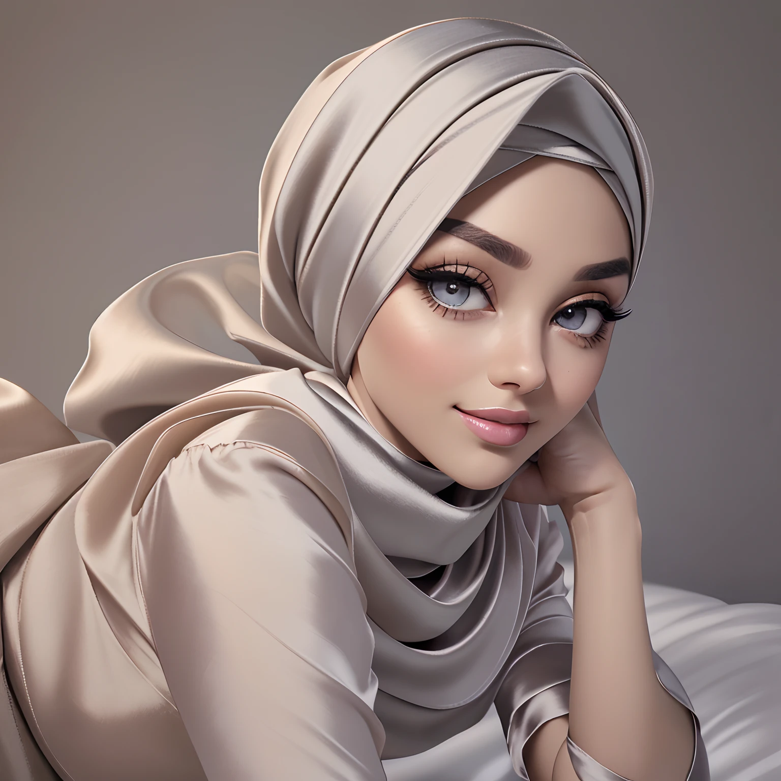 (Masterpiece, realistic, best quality, best lighting, 1 girl photo solo, beautifully makeup, eyeshadow, Parted Lips, Detailed Eyes, beautiful big eyes, long eye lashes, smile, wearing ((Taupe satin headscarf)), loosely tide hijab style, ((Gray satin shirt)), satin long pants, sleeping on bad..head on pillow