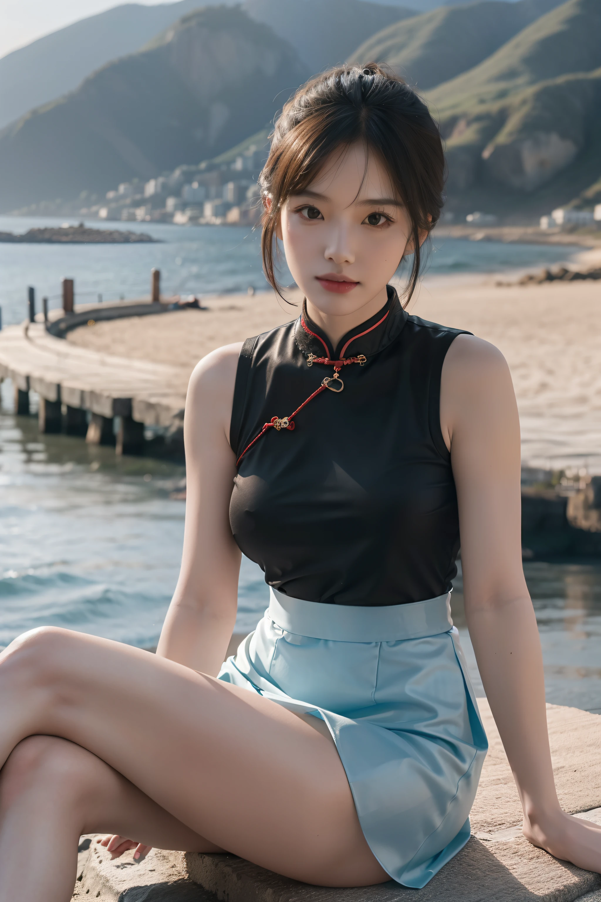 (full bodyesbian:1.5)，(1girll:1.3),(view the viewer:1.4)，(anatomy correct:1.4),(Sitting by the sea:1.2),(Wearing a cheongsam skirt:1.2),(Accurate and perfect face:1.3),(Long legs:1.3),hyper HD, Ray traching, reflective light， structurally correct, Award-Awarded, High detail, Fade-in and fade-out shadow contrast, Face lighting ，Cinematic lighting, Masterpiece, super detailing, High quality, High detail, Best quality, 16k，High contrast,