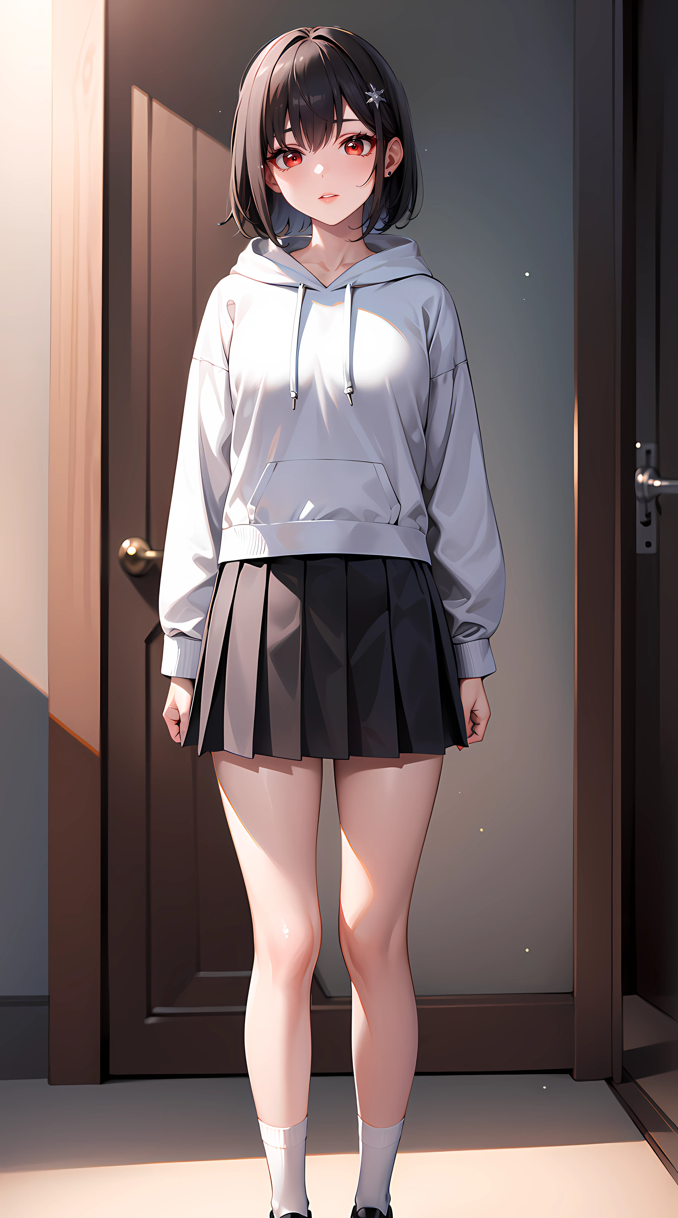 (masterpiece:1.0),(best_quality:1.0), Standing at attention, looking at viewer, 8k, 1girl, solo, a character with red eyes and short black hair, wearing a white hoodie, black pleated skirt, high-leg white socks, and white shoes, cowboy shot, happy,
