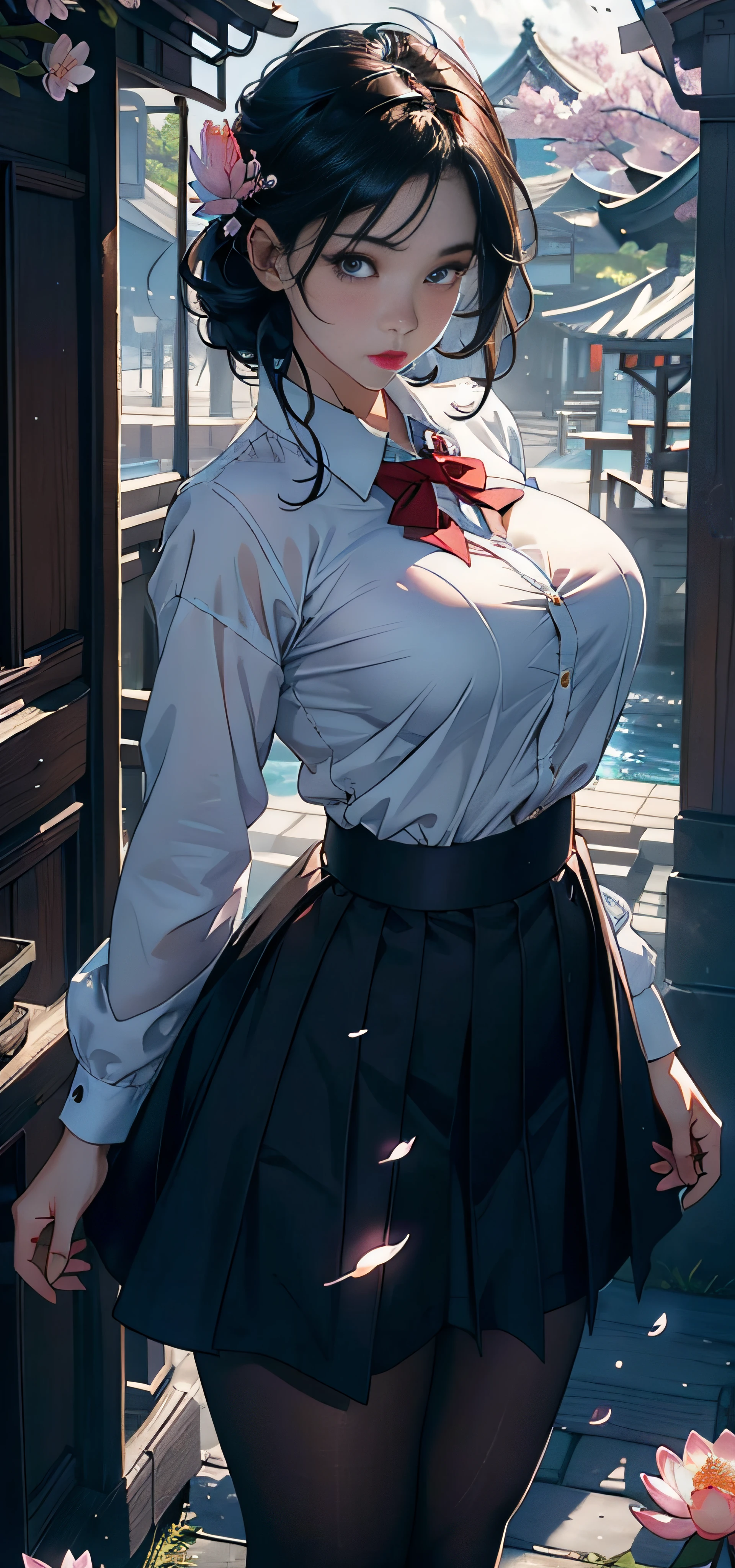 1female,30 years old,Married Woman,熟妇,plumw,extremely large bosom, 独奏,(Background with:ponds,Cherry blossom forest,lotus flower)standing on your feet, She has short black hair,seen from the front,, mostly cloudy sky,(((tmasterpiece),(Very detailed CG unity 8K wallpaper),best qualtiy,cinmatic lighting,detailed back ground,beatiful detailed eyes,Bright pupils,Black eyes,Snow-whiteskin,Redlip(Very fine and beautiful),(Beautiful and detailed eye description),ultra - detailed,tmasterpiece,))facing at camera,A high resolution,ultra - detailed),revealing breasts Bulge,Raised sexy,Desire for dissatisfaction,frontage,Navy,elementary student,(Wearing: school uniform,Bare ,)