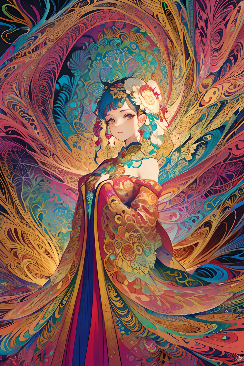 (masterpiece, top quality, best quality, official art, beautiful and aesthetic:1.2), (1girl:1.3), extremely detailed,(fractal art:1.2),colorful,highest detailed,(zentangle:1.2), (dynamic pose), (abstract background:1.5), (treditional dress:1.2), (shiny skin), (many colors:1.4), upper body , furina from genshin impact , Furina hat, water drops