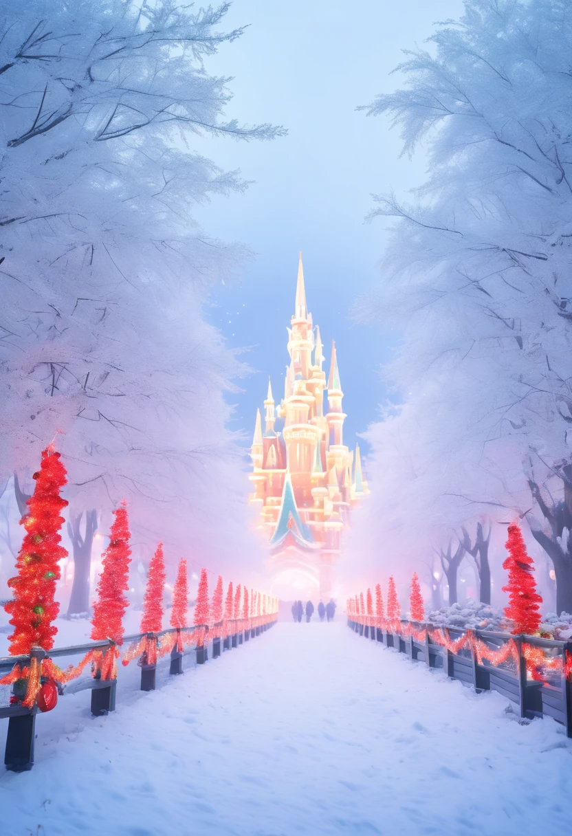 When I close my eyes，Recall that mysterious fairy tale world，I saw a beautiful view of the rime。In this world，The earth was shrouded in a thin layer of mist，It's as if it's a veil of mystery over the whole world。Elements of Christmas float in the white mist，Like flashing lights、Red flannel and bright stars，It creates an atmosphere of joy and mystery。

In the midst of this rime，The trees are covered in frost，It seems to be the abode of elves in a winter wonderland。Each tree is adorned with colorful Christmas lights，Illuminates the entire rime world，Make it full of warmth and blessings。The branches are covered with red and green flannel ornaments，It's like a gift left by the elves，Make this forest more vibrant。

Looming in the fog is a magnificent Christmas castle，Its spire is dotted with sparkling stars，The whole castle exudes an air of mystery and joy。The interior of the castle is decorated with a variety of festive decorations，Gorgeous hangings、Colorful garlands and sparkling lights complement each other，It gives a captivating visual experience。

Follow a trail paved with flannel and Christmas lights，You will find a group of happy elves singing and dancing，They have bright lanterns in their hands，Jumping happily，Create a joyful scene。The elves are dressed in gorgeous festive costumes，A fringed hat is worn on his head，It's like a messenger from a fairy tale world，It has brought endless joy and blessings to this world。

The whole scene is rendered by fog and Christmas elements into a mysterious and joyful picture，Every detail is full of magic and mystery。In this fairytale world，gleeful、Blessings and warmth fill every corner，It's fascinating，Feel like you're in the middle of an eternal Christmas celebration。