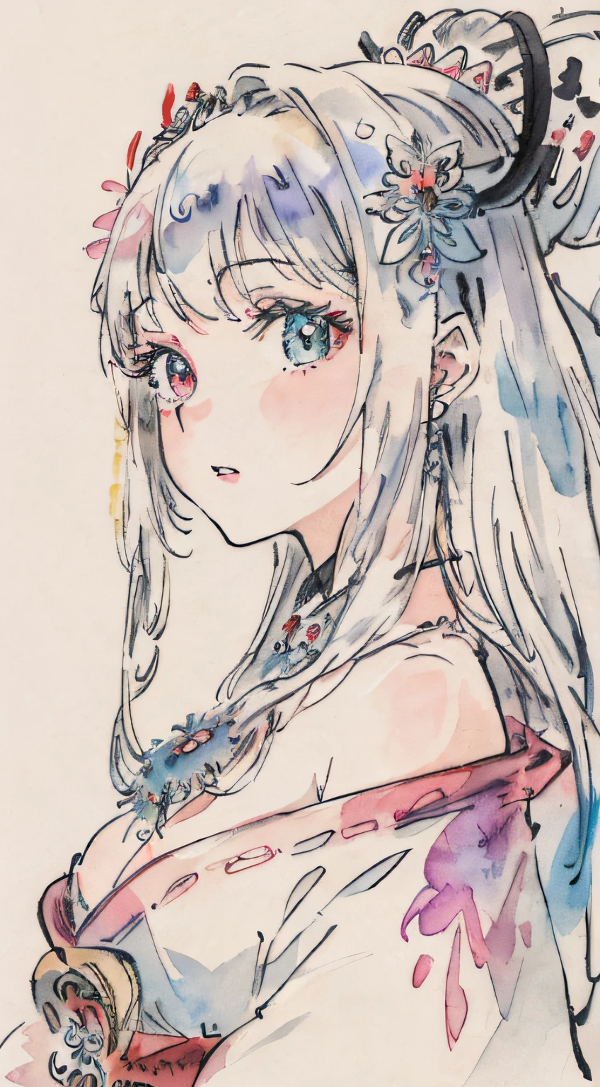 (top-quality)、(masuter piece:1.2)、(colourfull:0.9)、(Ink splash)、(Color splash)、((watercolor paiting))、Sharp Sharp Focus、(Portrait of the Goddess of Summer:1.5)、Cute look、Classy silver hairstyles、Beautifully detailed face and eyes、finely detailed eyes and detailed face、intricate-detail, Elegant Goddess Clothing、Summer forest background、colorwater, Detailed finger, Full body like, Heterochromia, crystal
