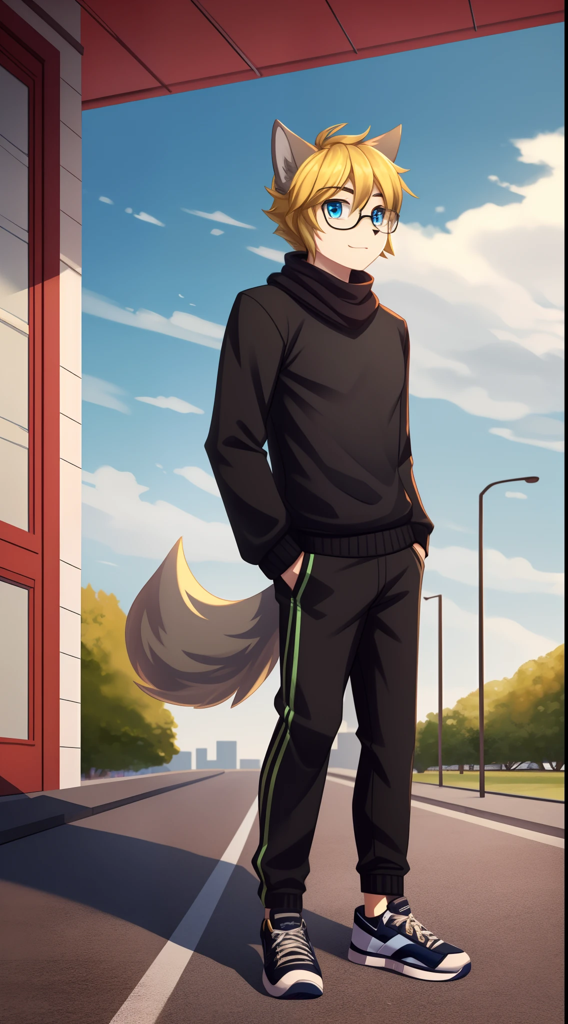 1 solo guy, male wolf, furry, anthropomorphic, gray fur, grey fur, blue eyes, handsome guy, black glasses, with black sweater and long pants, blue scarf, sneakers, blonde hair, short hair, standing