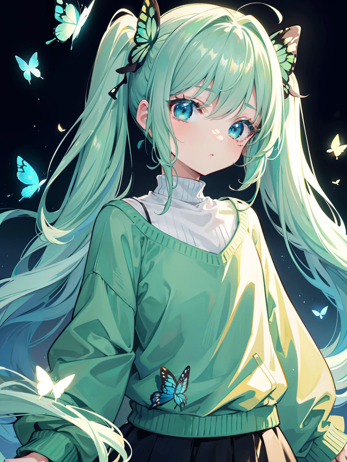 {{best quality}}, {{masterpiece}}, {{ultra-detailed}}, {illustration}, {detailed light}, Light green hair, blue eyes, girl, little girl, butterfly, sweater, long sleeve, green sweater,Twintails,loli,cute,Kawaii