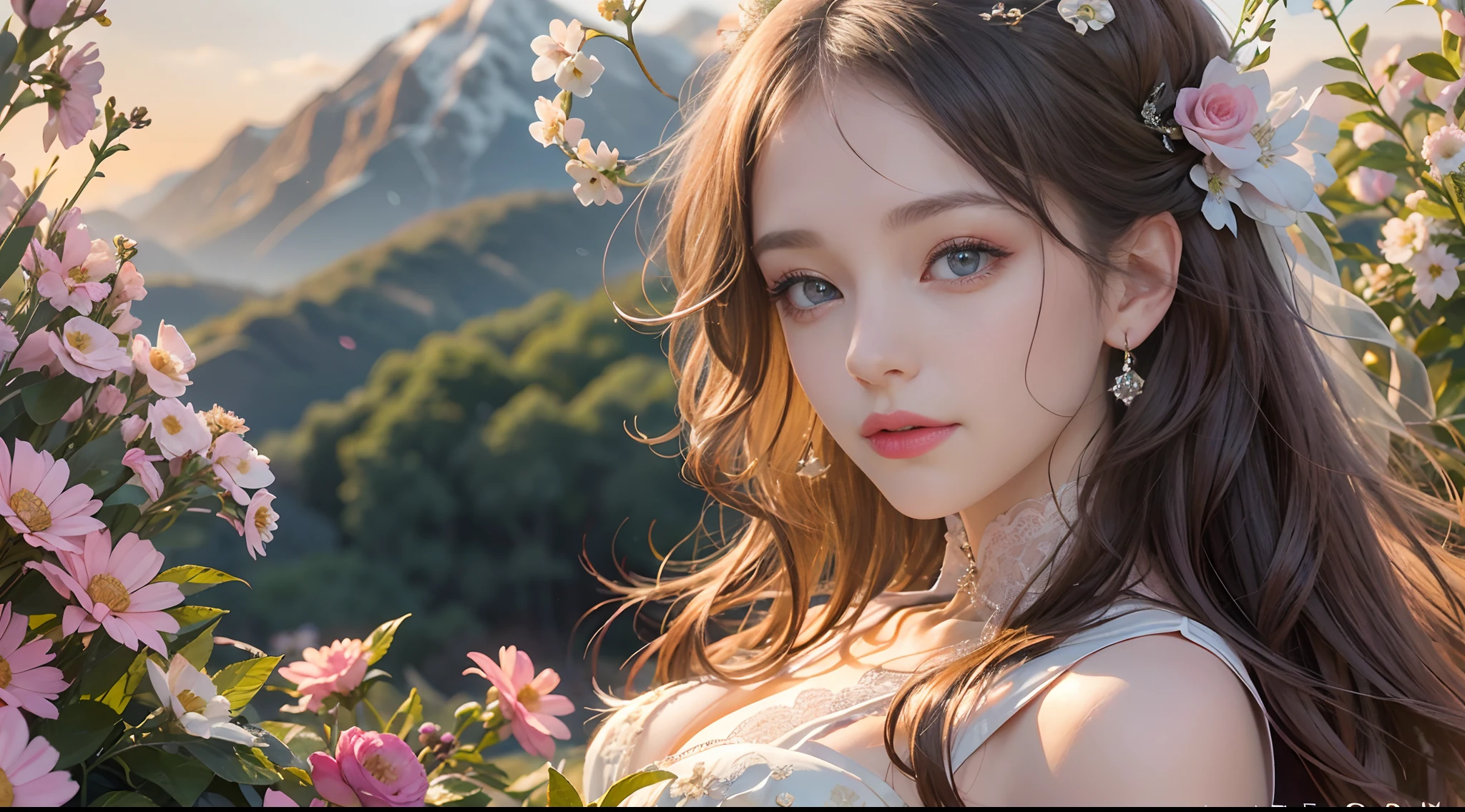 A beautiful woman stood atop a rocky outcropping, Her hair was swept up in loose curls that tumbled down her back, a subtle hint of makeup accentuated her high cheekbones, full lips, and flawless complexion. As she turned to face the camera, a soft smile played at the corners of her mouth, framing her delicate features and piercing blue eyes overlooking a breathtaking valley below. She wore a flowing wedding dress that billowed gently in the breeze ,the lace was delicately embroidered with tiny flowers and vines, while the hem was adorned with sparkling crystals that caught the light and glimmered like stars. In the foreground, a bed of wildflowers added a pop of color to the scene, with vibrant hues of pink, purple, and yellow. Bees buzzed lazily from blossom to blossom, collecting nectar in the golden light of the setting sun. The sun was setting behind the mountains, casting a warm orange glow across the vast landscape.