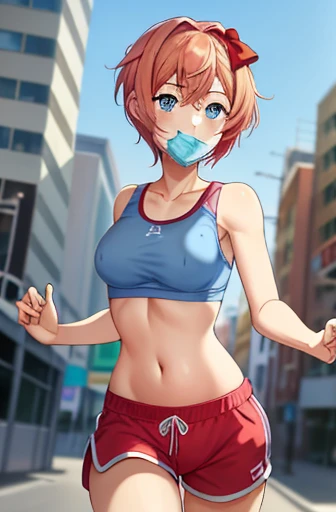2d, masterpiece, best quality, anime, highly detailed, 1girl, solo, sayori, blue eyes, pink hair, short hair, hair bow, red bow, pink sports bra, nipples, red jogging shorts, running, condom in mouth, smile, cowboy shot, looking at viewer, street city background