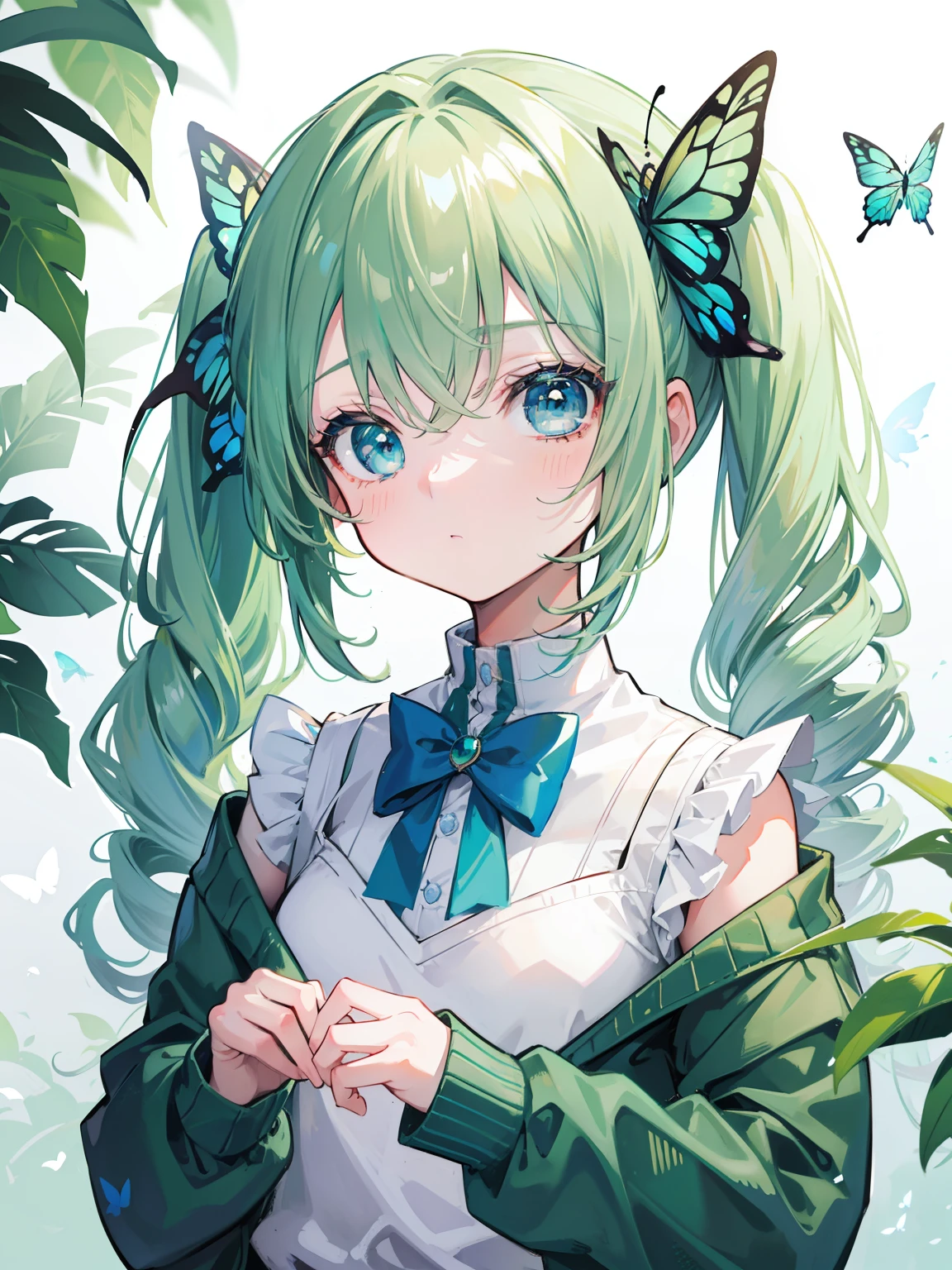 {{best quality}}, {{masterpiece}}, {{ultra-detailed}}, {illustration}, {detailed light}, Light green hair, blue eyes, girl, little girl, butterfly, sweater, long sleeve, green sweater,Twintails,loli,cute,Kawaii