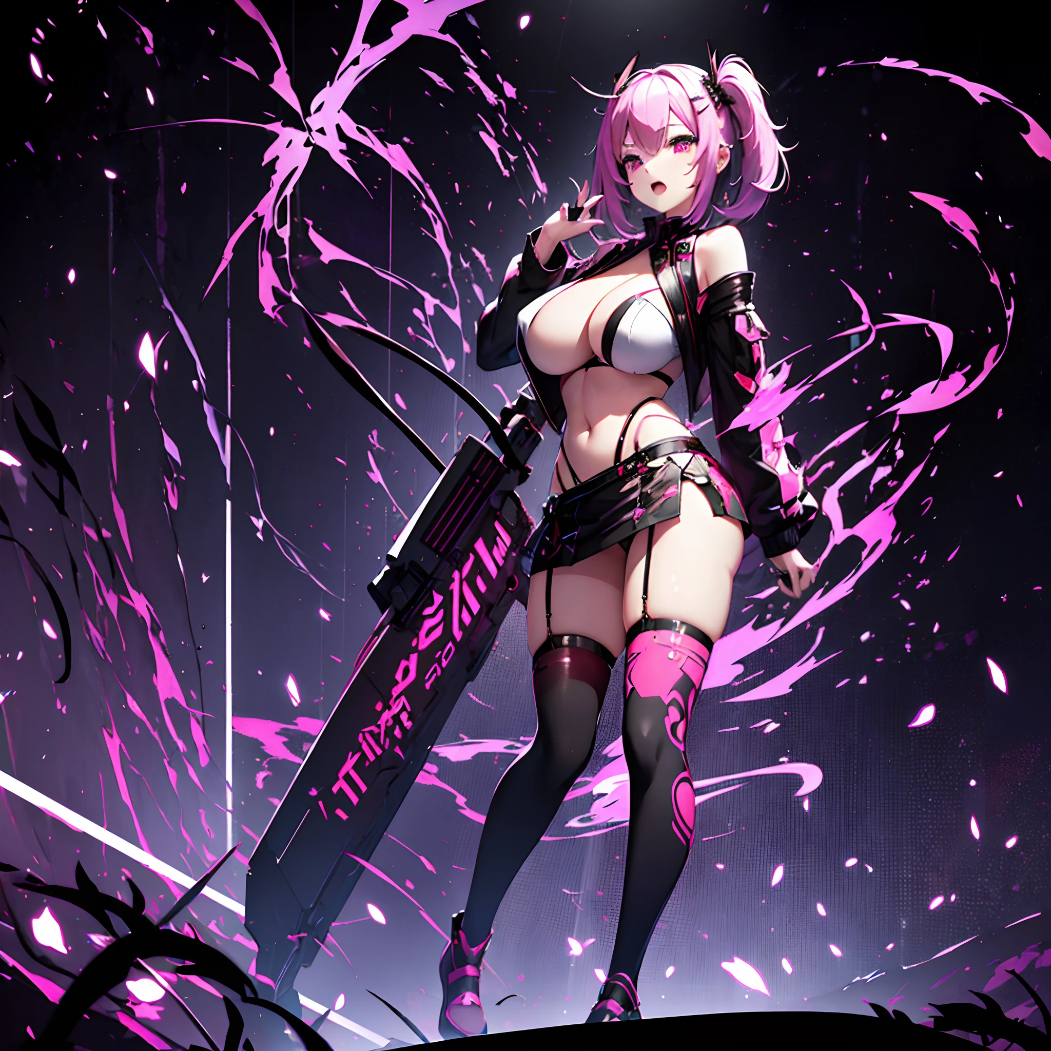 1 girl, solo, Akai_Haato, succubus idol, succubus wings, pink hair with black tups, short hair, twintails with hairbands, red eyes, very large breasts, hand_to_mouth, enticing black crop top, erotic outfit, white mini skirt, translucent black stockings, alien-like woods in background, sexy pose, womb_tattoo