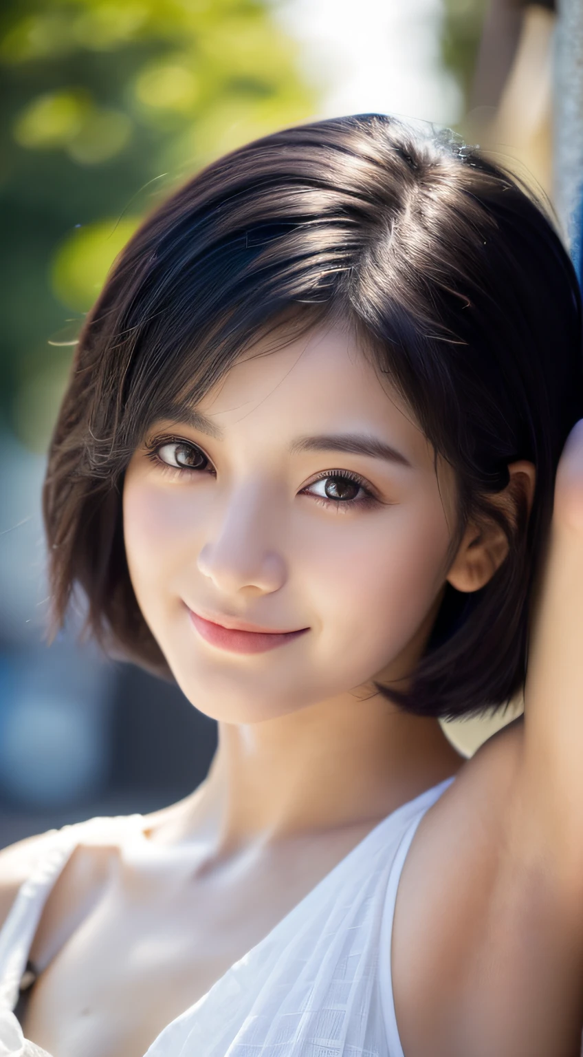 (photographed:1.2)、(Photorealsitic:1.4)、(masterpiece:1.3)、(top-quality:1.4)、超A high resolution、(A detailed eye)、(detailed facial features)、(detailed clothes features)、8K分辨率、solofocus、bangss、Double eyelids、japanes, (1girl in), beauitful face, (Lifelike face), (A dark-haired, short-hair:1.3), Beautiful hairstyle, Realistic eyes, Beautiful eyes, (real looking skin), Beautiful skin, enticing, 超A high resolution, A hyper-realistic, high-detail, see the beholder,A smile,camisa branca aberta,middlebreasts,is standing,put hands on the hip