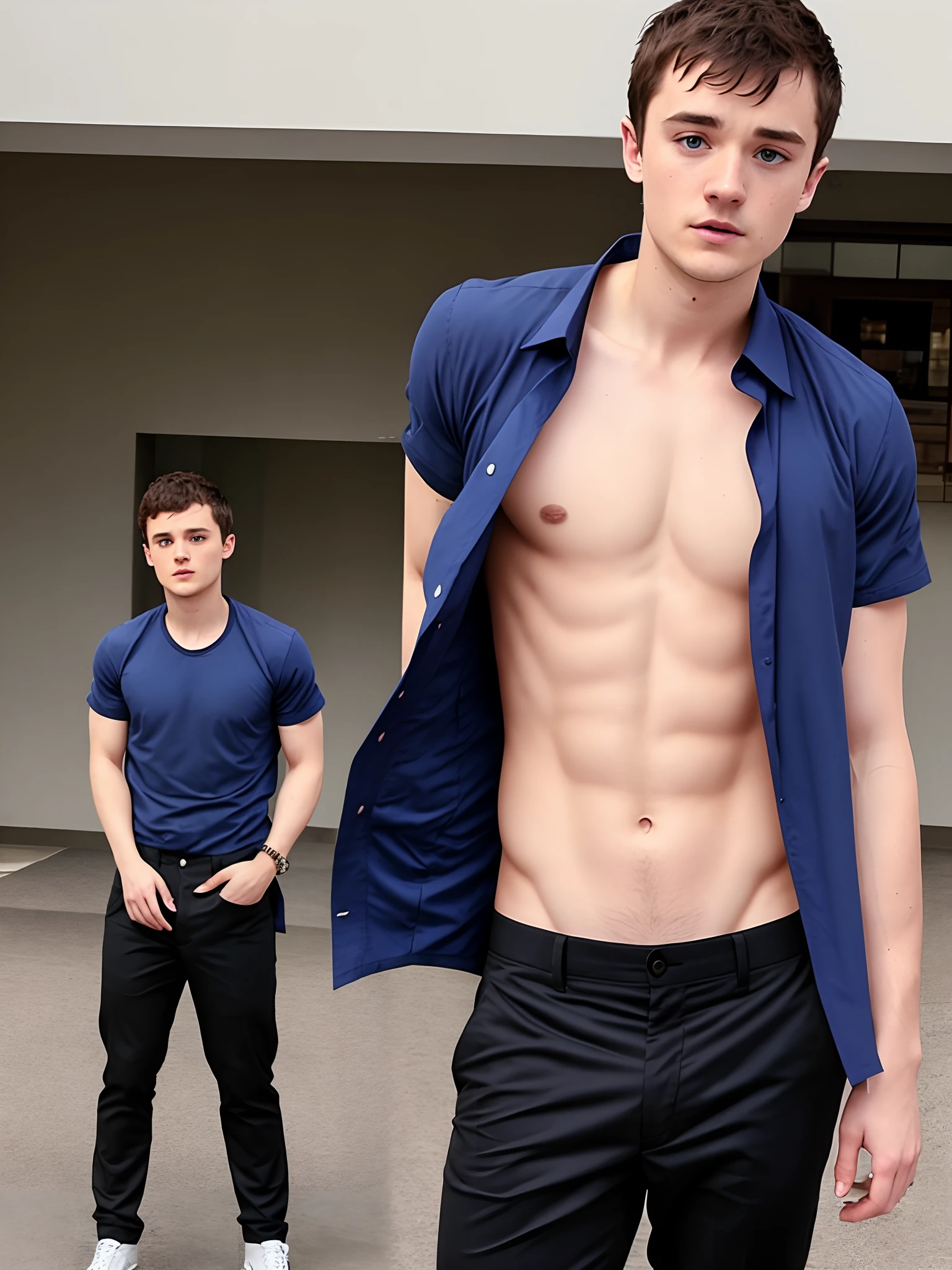 Josh Hutcherson unbuttoning pants, covered in sweat, half naked