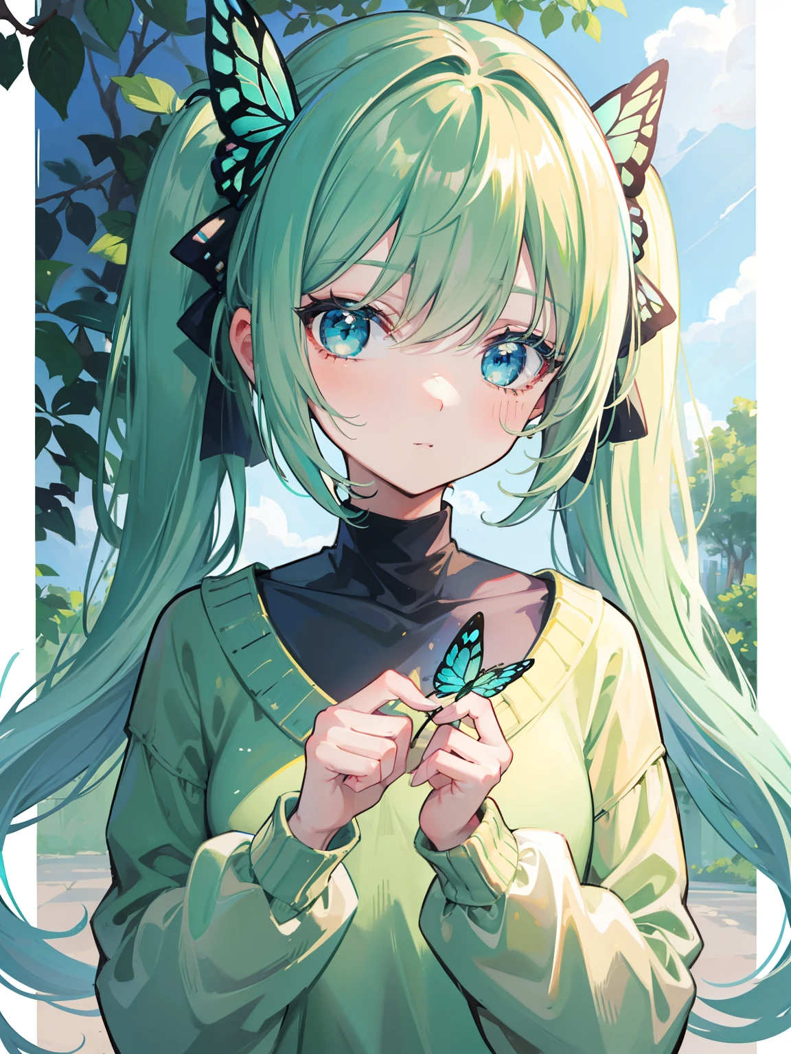 {{best quality}}, {{masterpiece}}, {{ultra-detailed}}, {illustration}, {detailed light}, Light green hair, blue eyes, girl, little girl, butterfly, sweater, long sleeve, green sweater,Twintails,loli,cute,Kawaii