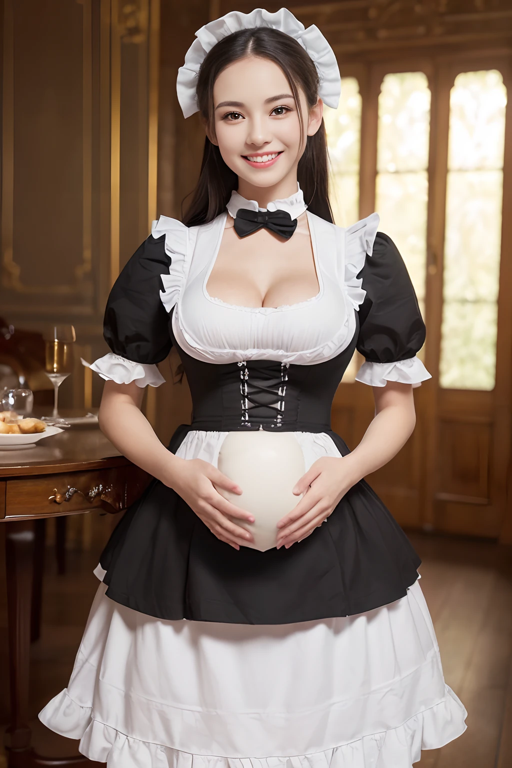 ((1 Beautiful Maid,Adult maid,20yr old,Pregnant,bulging belly,victorian maid, black and white maid uniform,Maid clothes with frills,Luxury Maid Clothing,Long skirt, Victorian Maid Costume,Wearing maid clothes,The background is the VIP room,Rooms in the mansion,mansion,Luxurious room,Detailed decoration of classy VIP rooms,Luxurious dining table,Detailed snacks,Sumptuous cuisine fills the table,feast,Sumptuous feast,There are a lot of sumptuous dishes lined up,Luxurious tables,Graceful Standing Maid)),(Emphasize body lines,large full breasts,The biggest smile staring at the camera,Looking at the camera,abundant hairline,Top image quality, Top image quality, masterpiece, White teeth,Perfect smile,A big smile staring at the camera,high-definition RAW color photography, professional photograpy, extremely delicate and beautiful, Extremely detailed,finely detail, Huge file size,Top image quality,8K,Photos taken with a single-lens reflex camera)