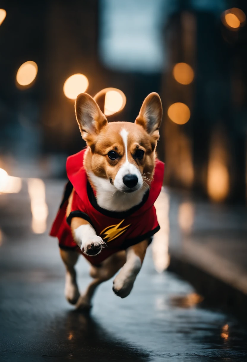 a corgi superdog The flash suit. speed force, Running at high speed , On the streets of big cities. , night , red lightning , moon , moon light , diffused lighting , red tunder,