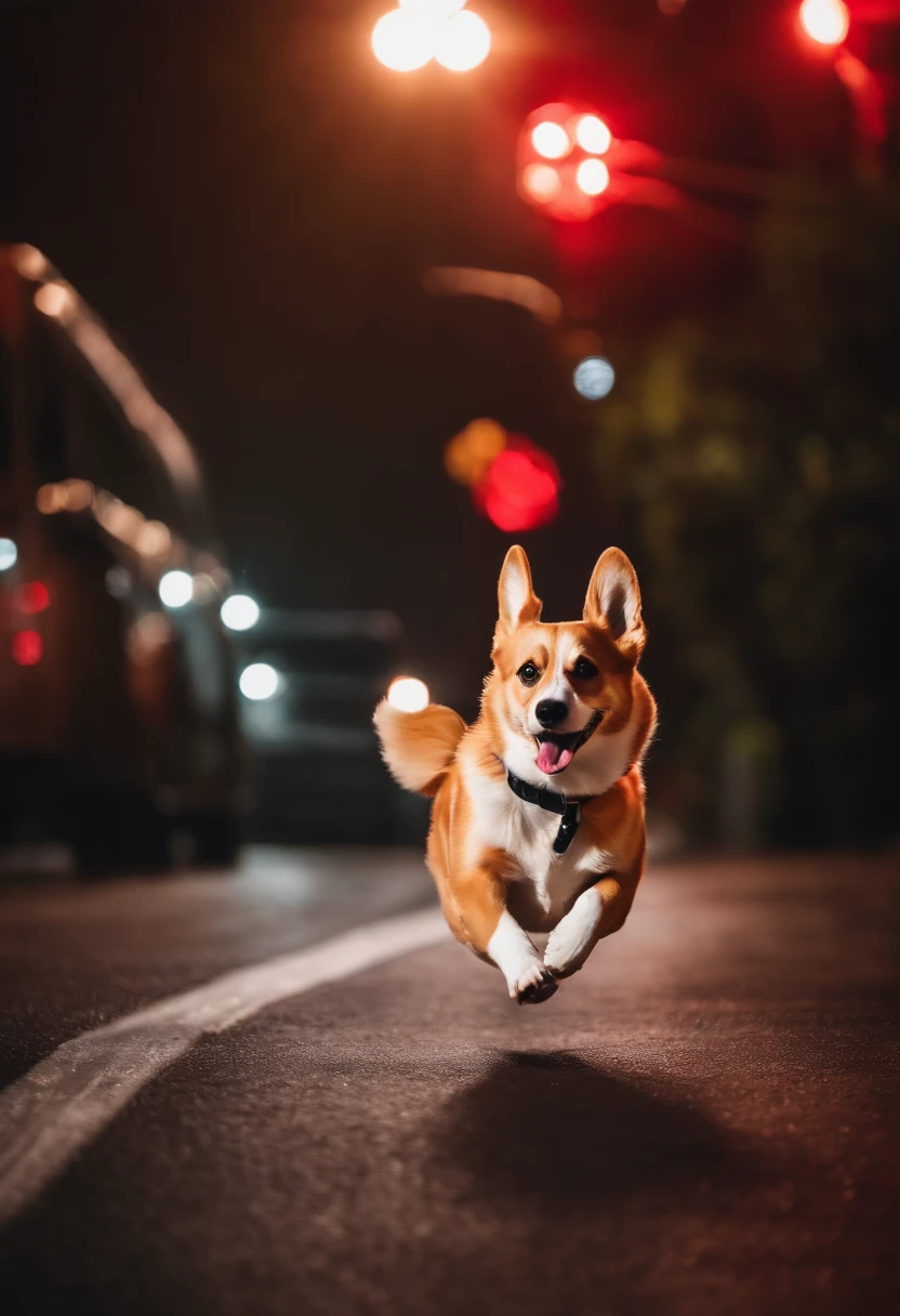 a corgi superdog The flash suit. speed force, Running at high speed , On the streets of big cities. , night , red lightning , moon , moon light , diffused lighting , red tunder,