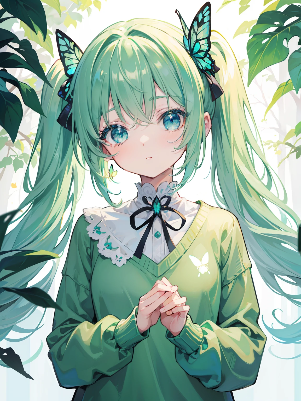 {{best quality}}, {{masterpiece}}, {{ultra-detailed}}, {illustration}, {detailed light}, Light green hair, blue eyes, girl,  girl, butterfly, sweater, long sleeve, green sweater,Twintails,loli,cute,Kawaii