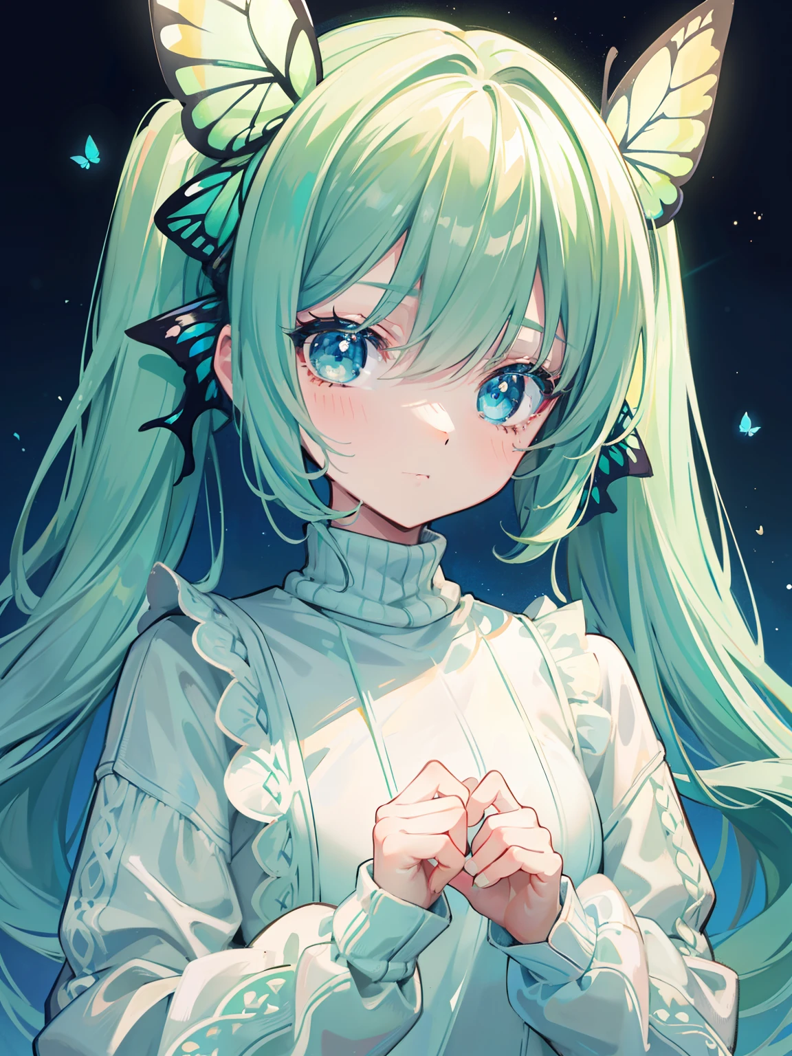 {{best quality}}, {{masterpiece}}, {{ultra-detailed}}, {illustration}, {detailed light}, Light green hair, blue eyes, girl, little girl, butterfly, sweater, long sleeve, green sweater,Twintails,loli,cute,Kawaii
