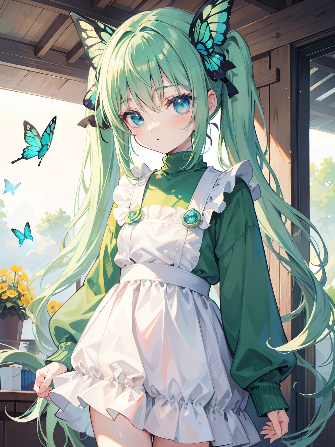 {{best quality}}, {{masterpiece}}, {{ultra-detailed}}, {illustration}, {detailed light}, Light green hair, blue eyes, girl, little girl, butterfly, sweater, long sleeve, green sweater,Twintails,loli,cute,Kawaii