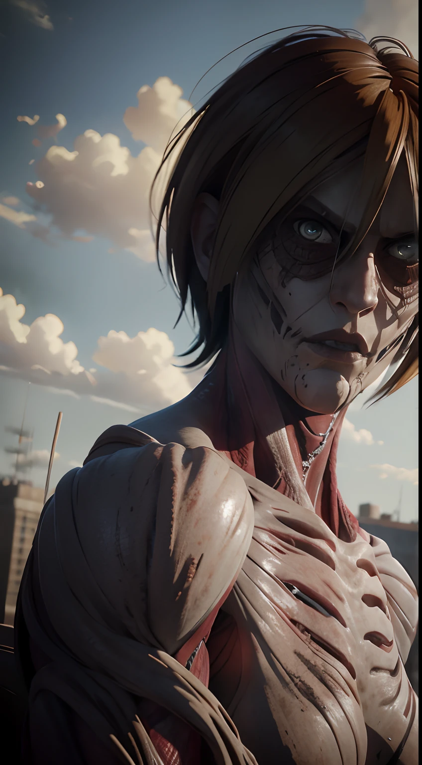 Attack on Titan Annie, Post-apocalytic, Female Titan, Bokeh, nffsw, Side lighting, A hyper-realistic, Ray tracing, Whole body, Fall, super mad, Mad Female Giant, apocalypse, Realistic Titans, look from down,