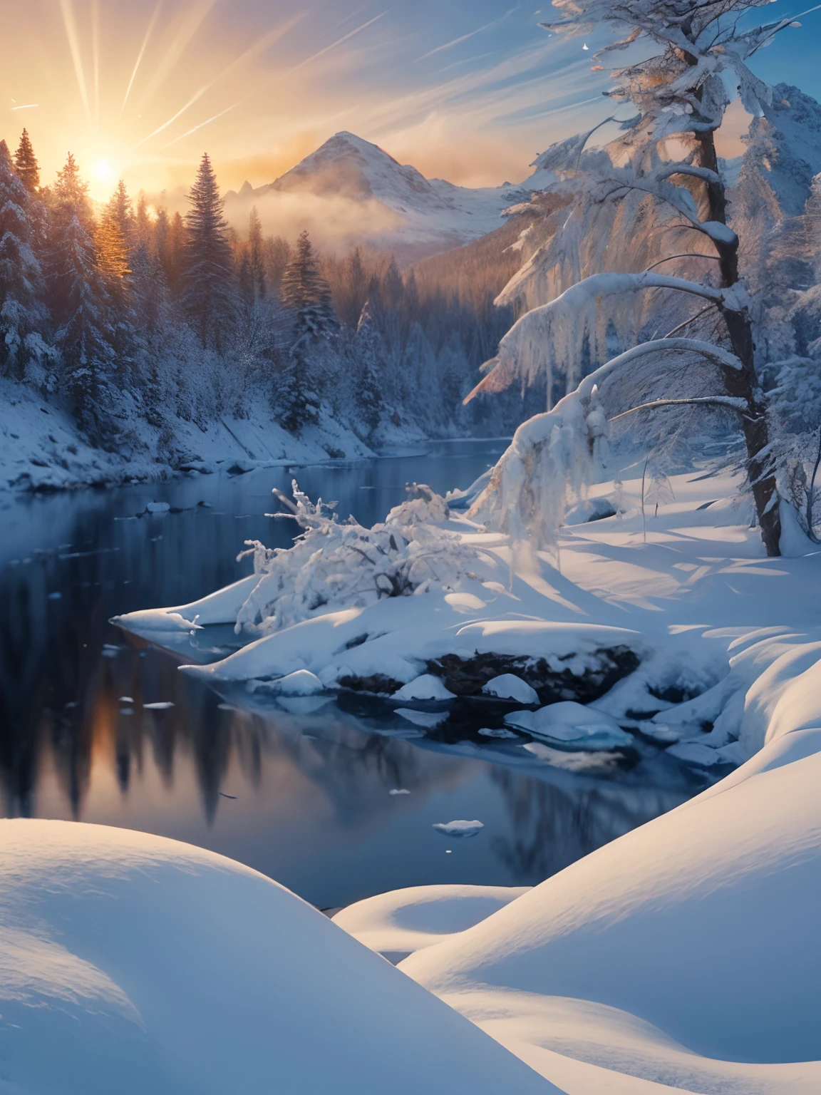 A high resolution,ultra - detailed,offcial art,统一 8k 壁纸,ultra - detailed,Beauty and aesthetics,Master masterpieces,best qualtiy,reality, Winter dawn, The trees are covered with ice crystals, The branches are bent due to squeezing,Ice and snow,(Zen entanglement,Ice and snow,Tangled,entangled),(s fractal art:1.3),The rising sun,Bring a little golden warmth to a cold winter day, (Masterpiece, Best quality, High details), (hdr, HighDynamicRange), rendering by octane, High contrast, Subsurface scattering, radiant light rays, Realistic shadows, Vibrant colors, GLDOT
