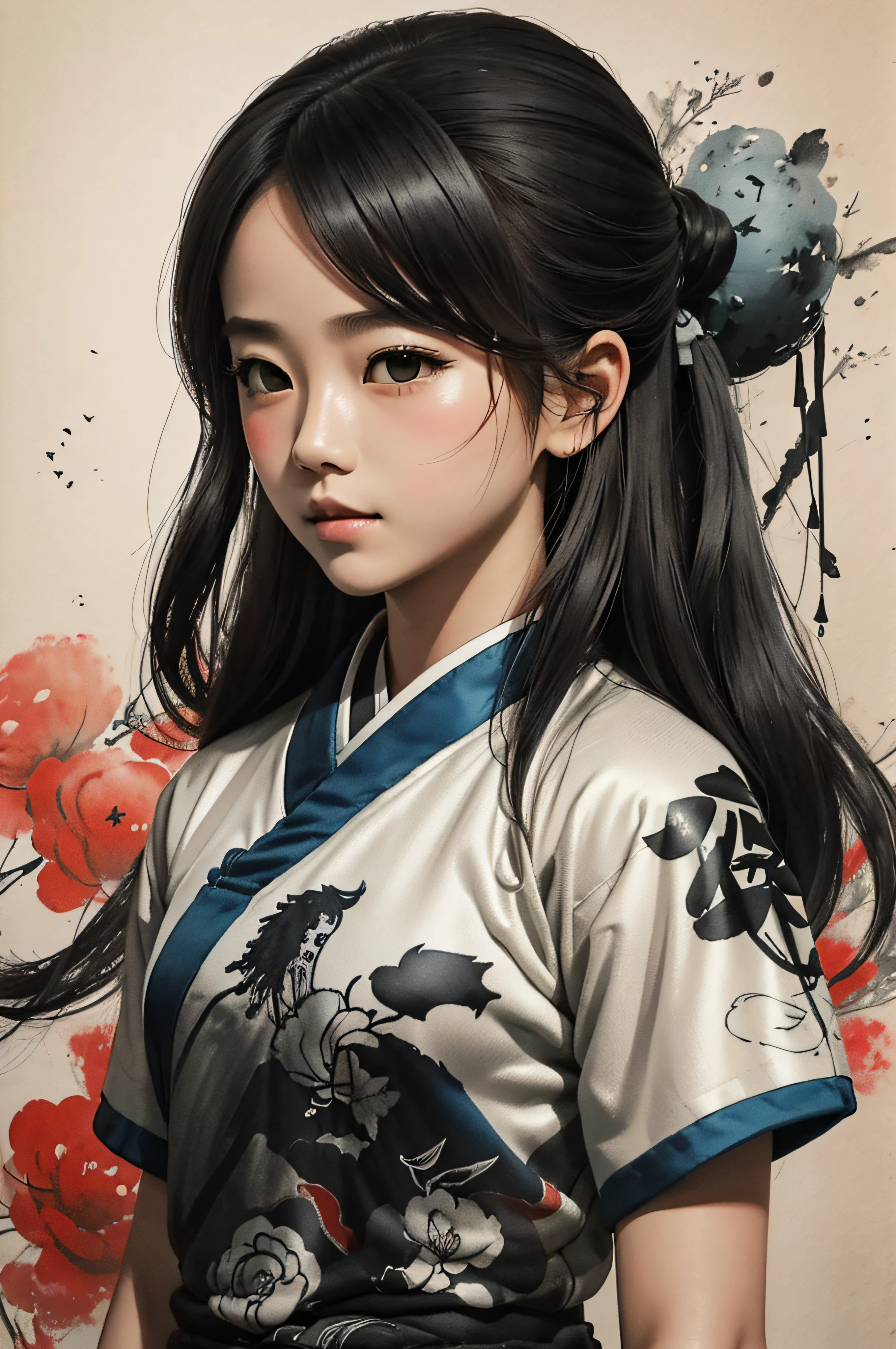 A girl plays football. Best quality, Super detail. Traditional Chinese Painting, Blotter Ink Painting, Blotter Ink Painting, Chinese Painting Style.