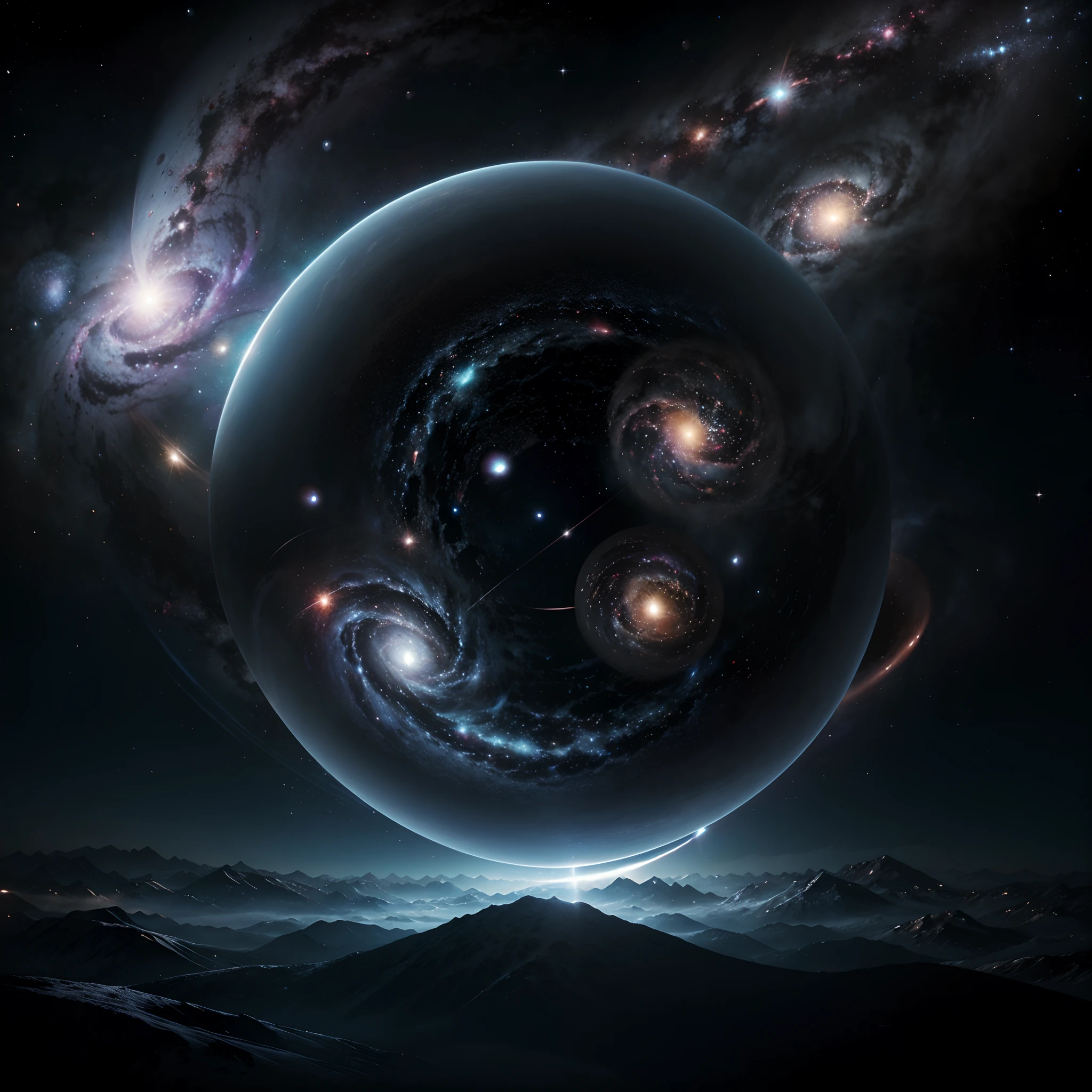 realistic, vivid space multiverse multiple universes with galaxies, nebulae and blackholes contained in spheres in cosmos