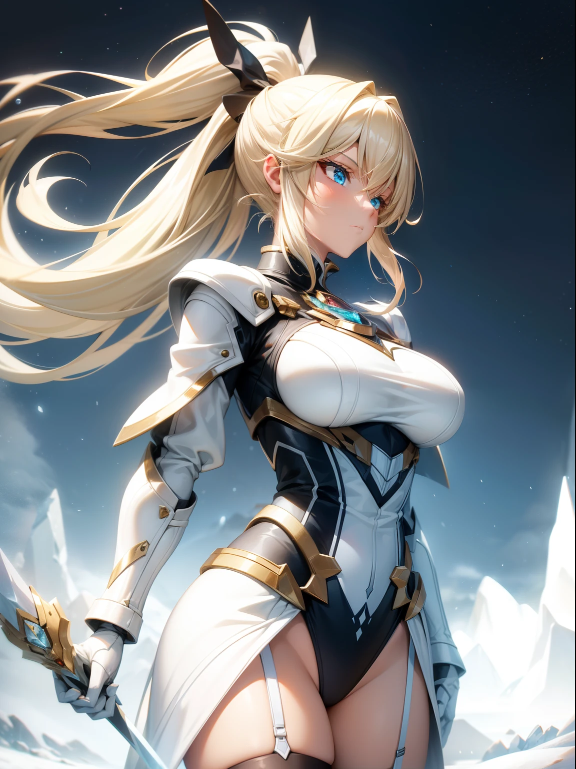 female hero、blonde、Silver Breastplate、tiara of light、Shiny Holy Sword、Blue leotard、white pareo、black boots、slave collar