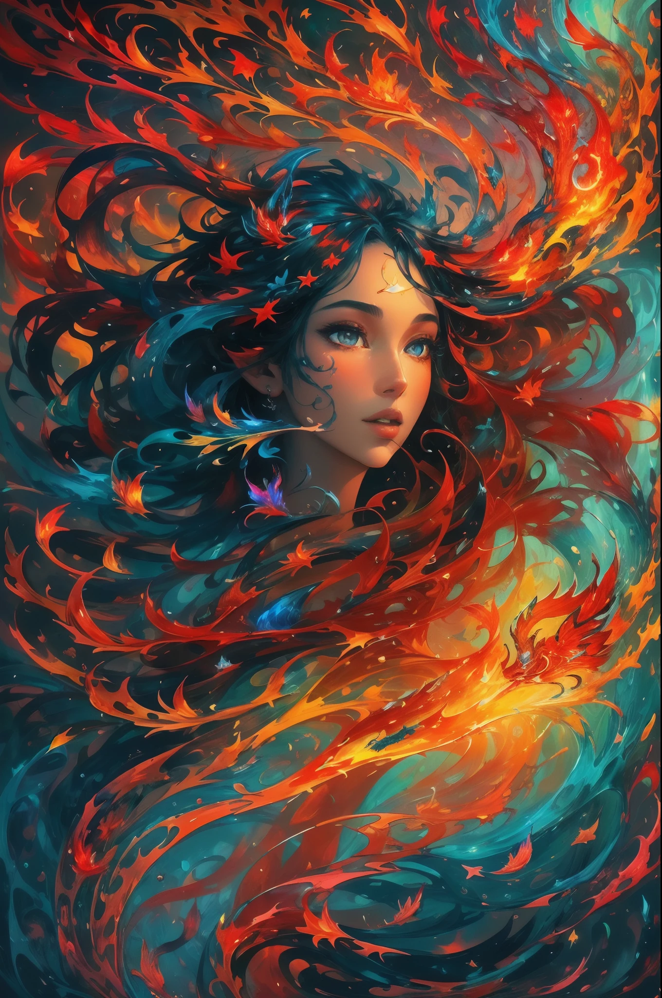 Nsfw, completely naked,Conceptual art of a harmony of red and blue flame, fantasy landscape, fish shape fire,Beautiful glowing flame with different shapes, flying fire made Fish, full body naked young woman animated fantasy illustration, beautiful hair, completely naked woman in the sea of flame and fire, detailed clear face,show the nipple, Drift, Very harmonious. The whole painting adopts a messy and imaginative painting style. The colors are bright and saturated, And with smooth lines. The mystery and beauty of the burning line, The painting depicts a fire world full of flame spirit life and vitality, Animated art wallpaper 8 K